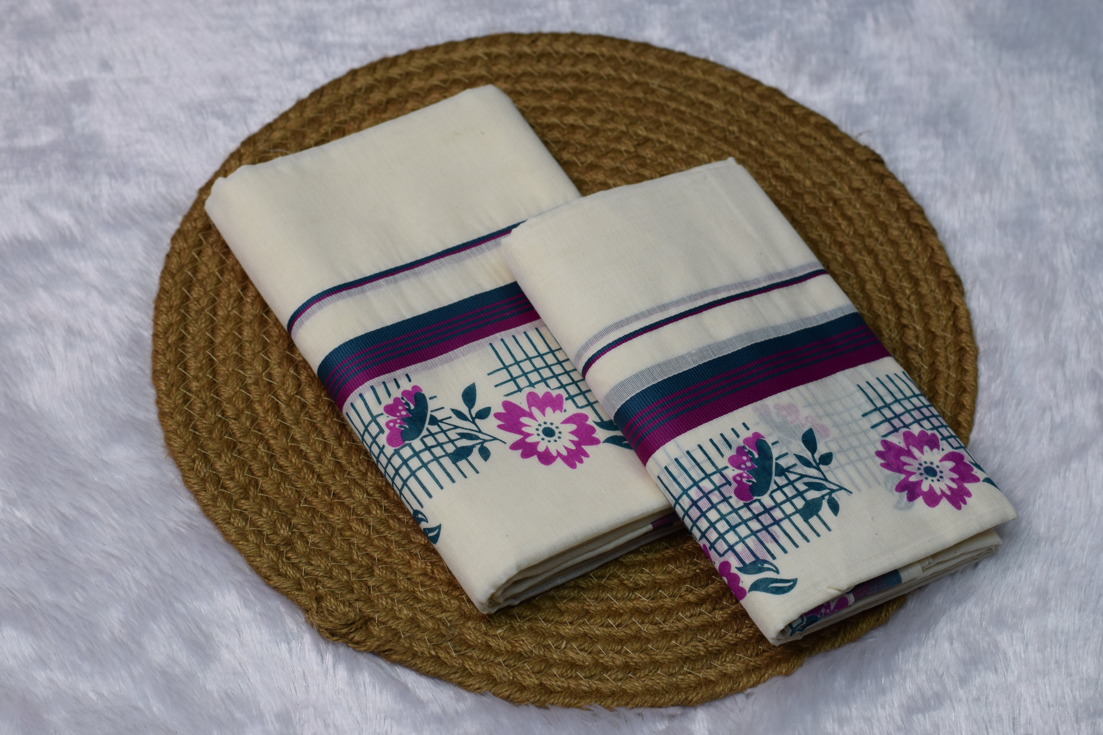 Floral Print Cotton set mundu - Traditional Yet Trendy - View 3 - Cotton Floral - Nushio