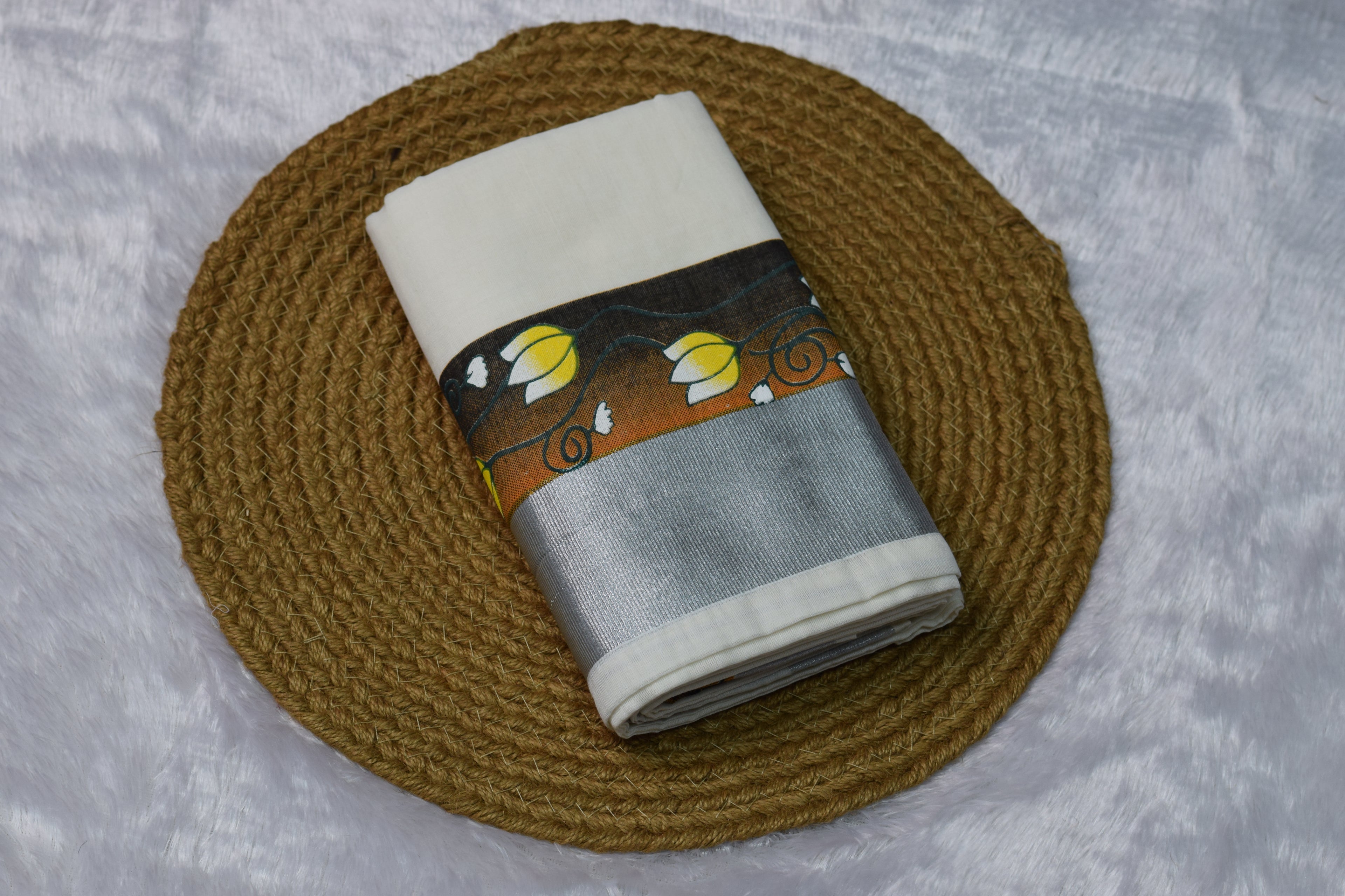 Off-White set mundu with Silver Zari Border & Floral Printed - Main Product Image - Floral Printed - Nushio