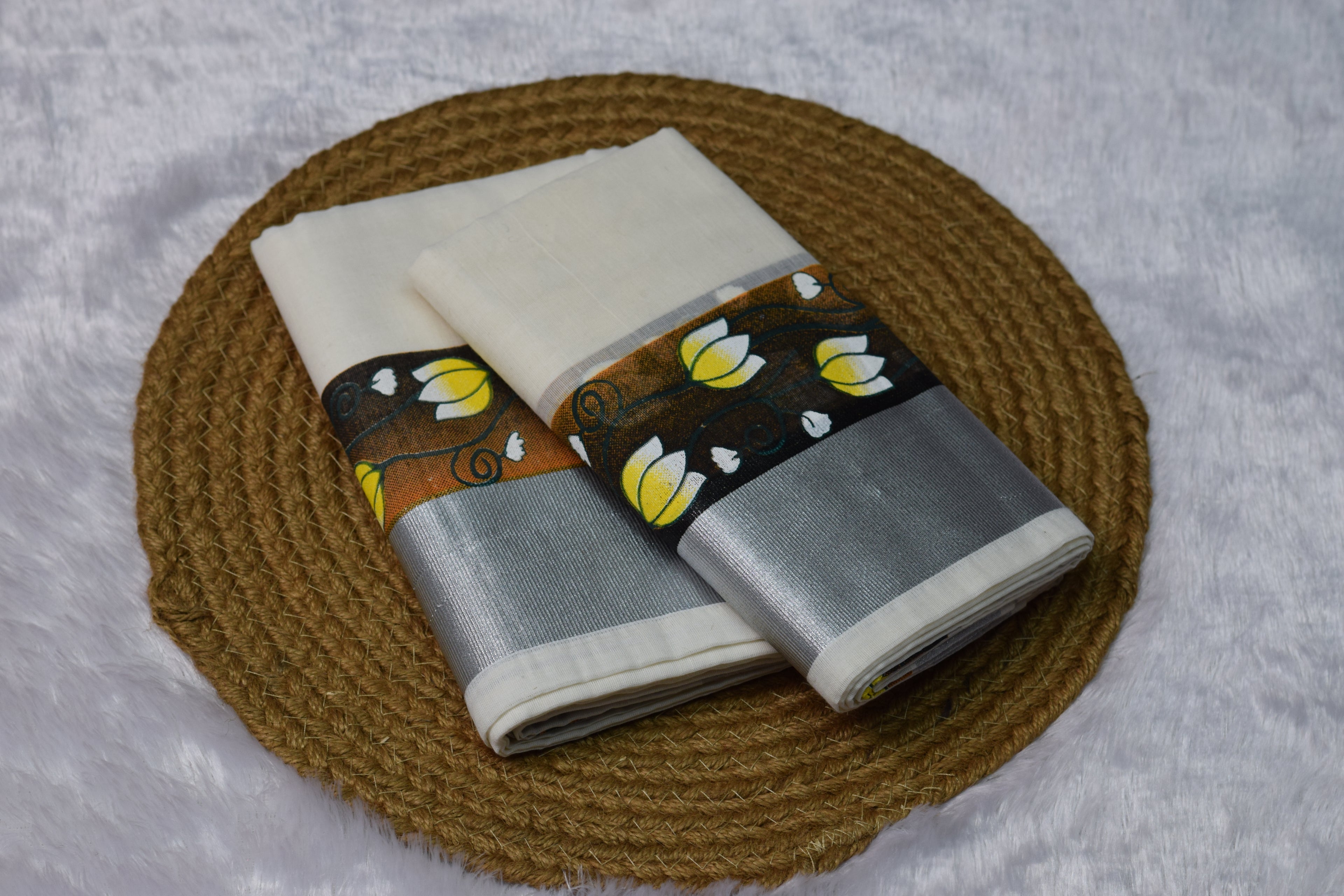 Off-White set mundu with Silver Zari Border & Floral Printed