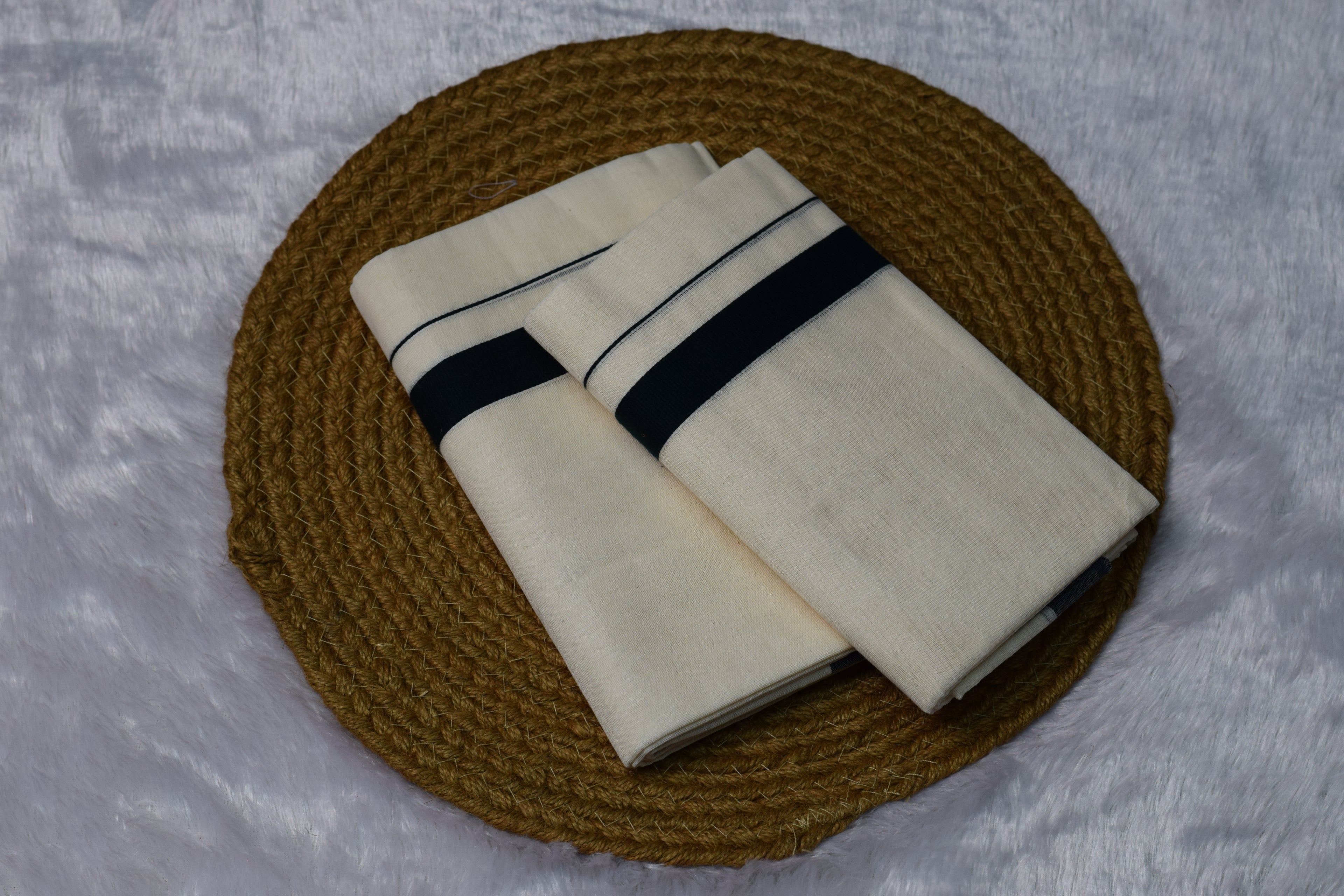 Off-White set mundu with Black Border - Traditional Wear - Main Product Image - Nushio