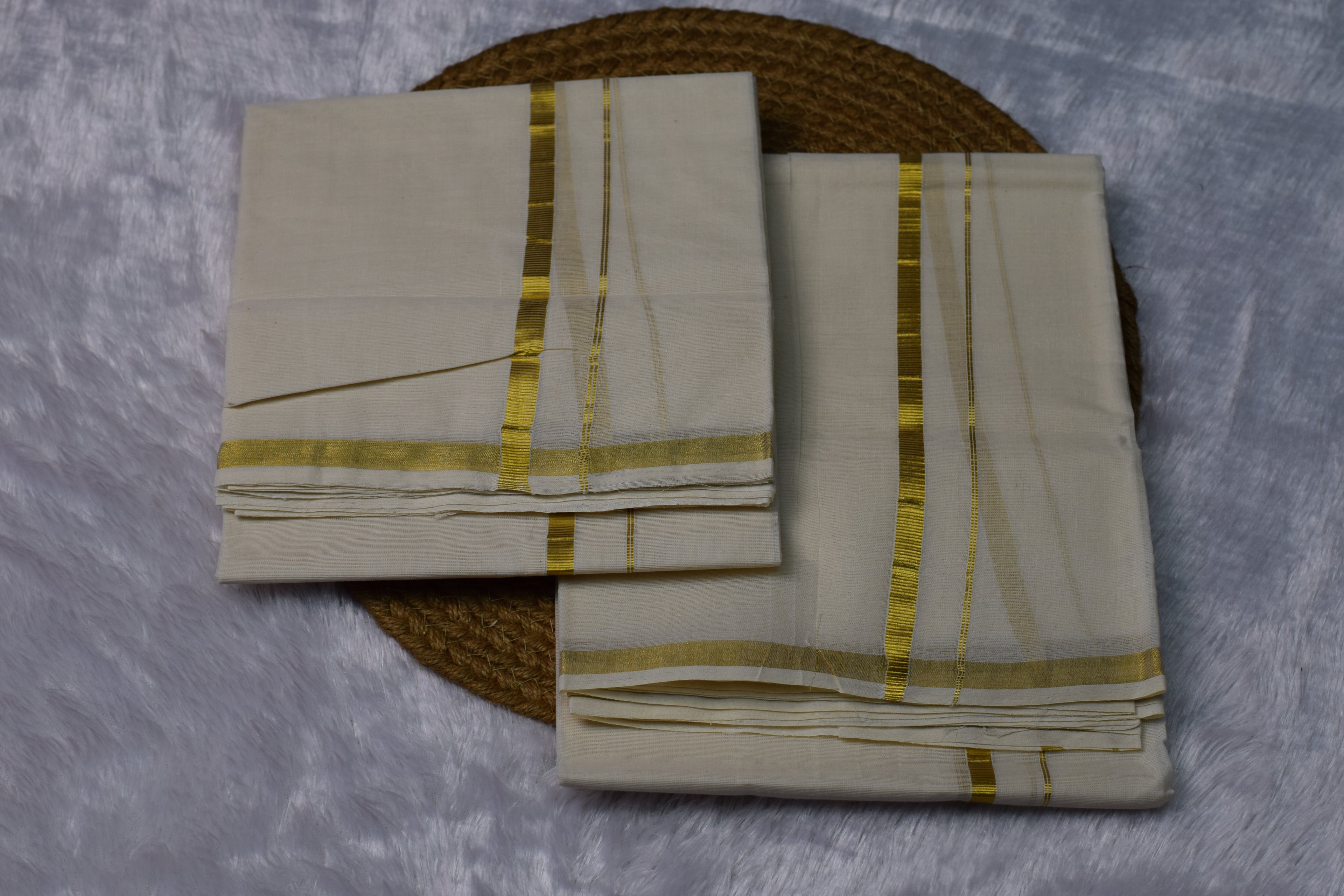 Off-White Kerala set mundu with Golden Border - View 3 - Nushio