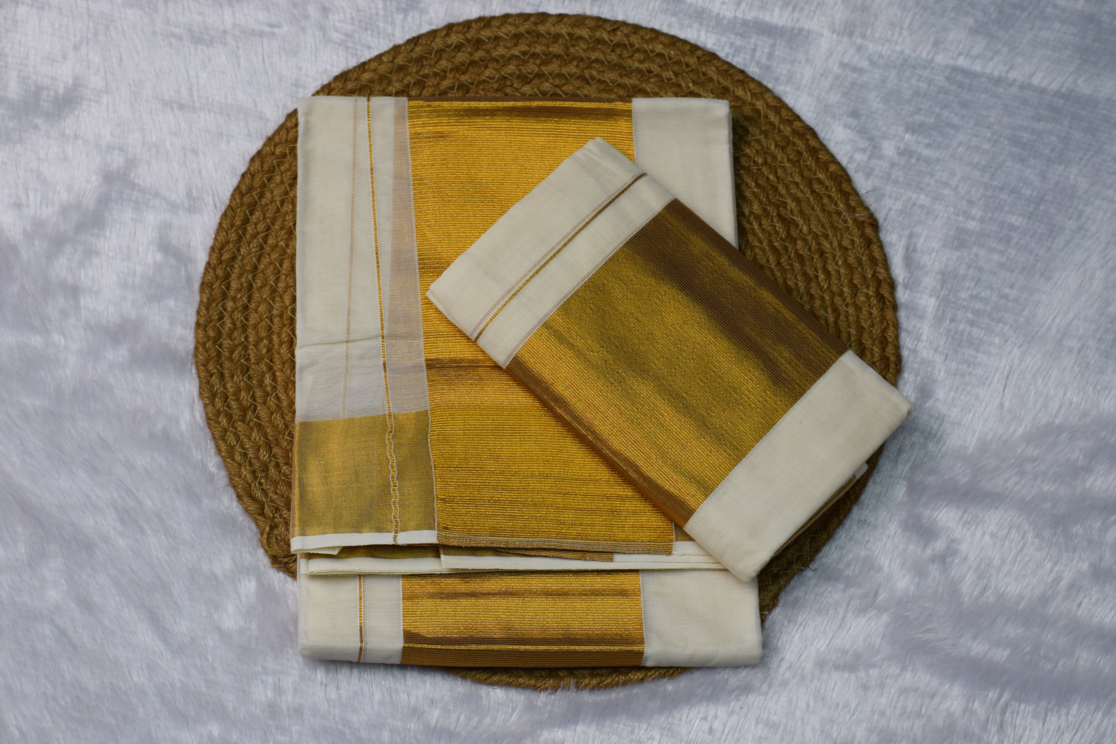 Off-White set mundu with Rich Golden Zari Border - View 2 - Nushio