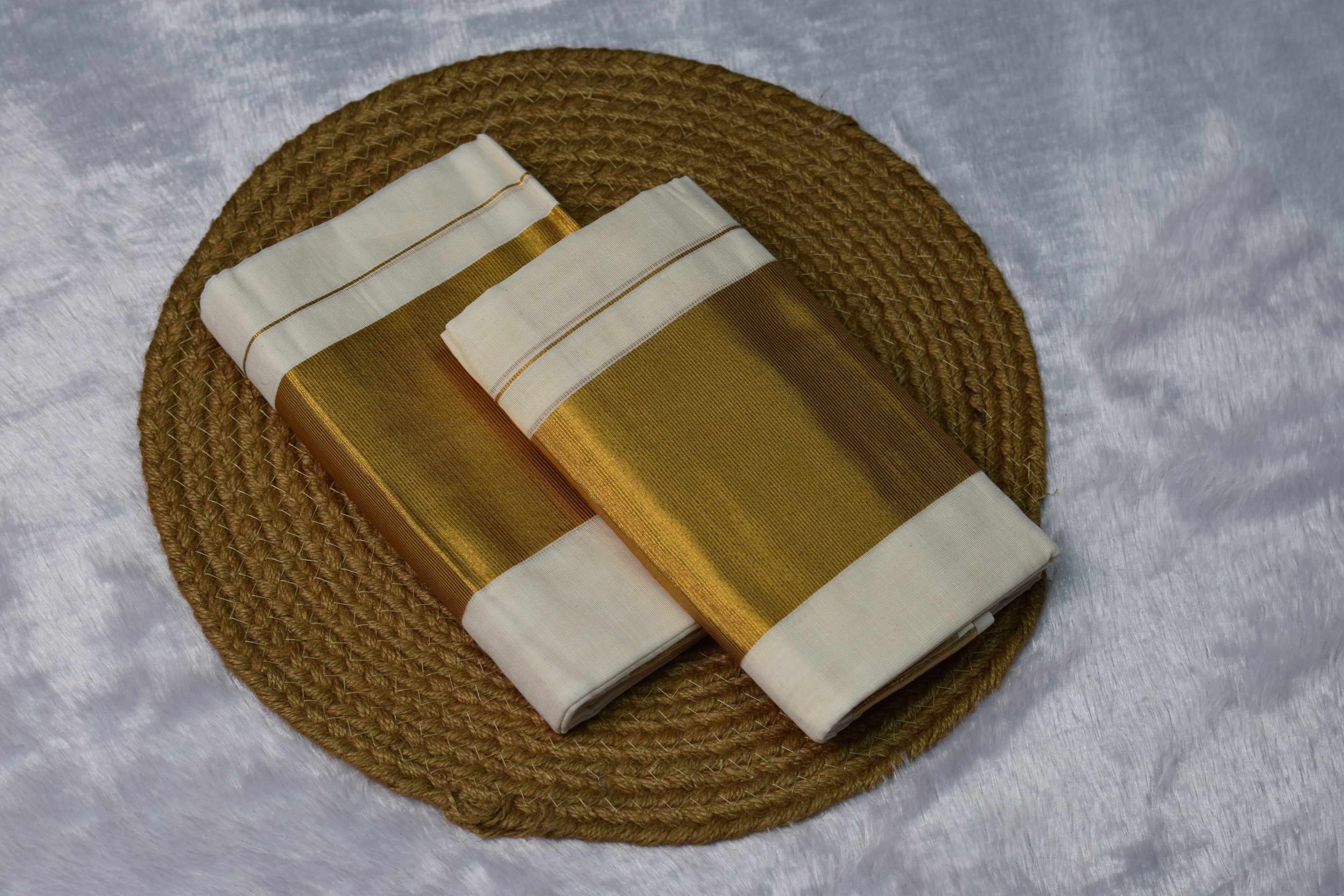 Off-White set mundu with Rich Golden Zari Border - View 3 - Nushio