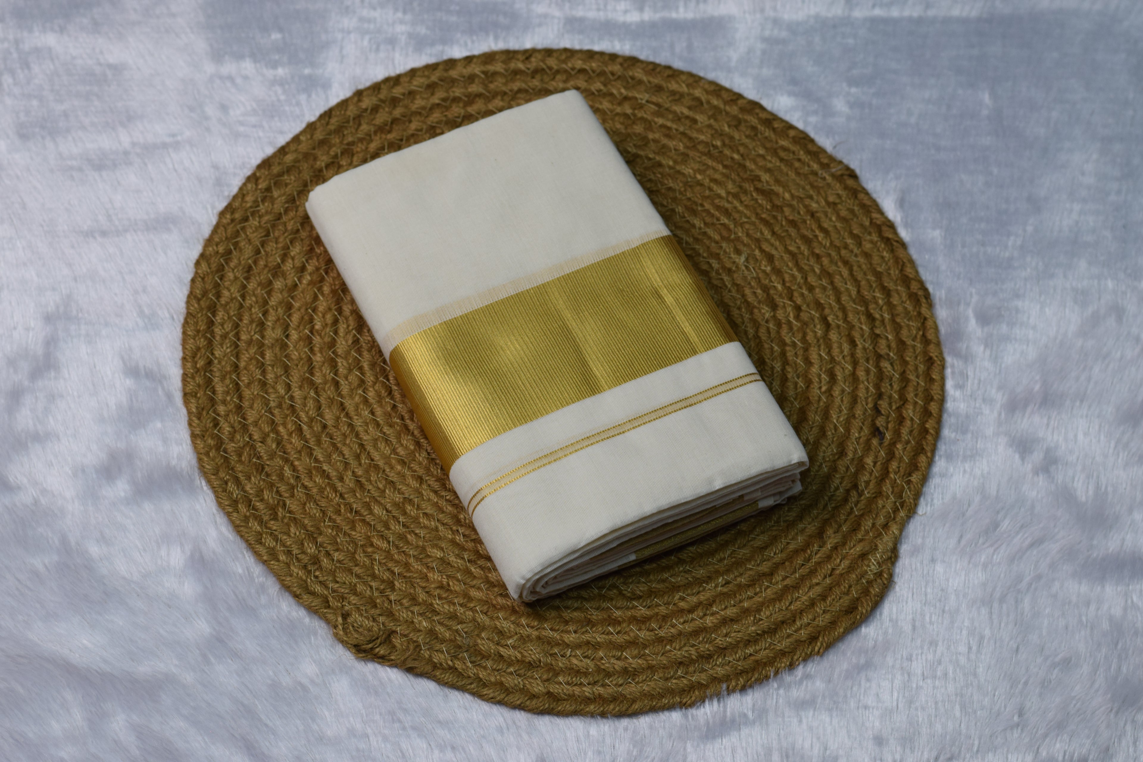 Off-White Cotton set mundu with Traditional Golden Kasavu Border - Main Product Image - Cotton - Nushio