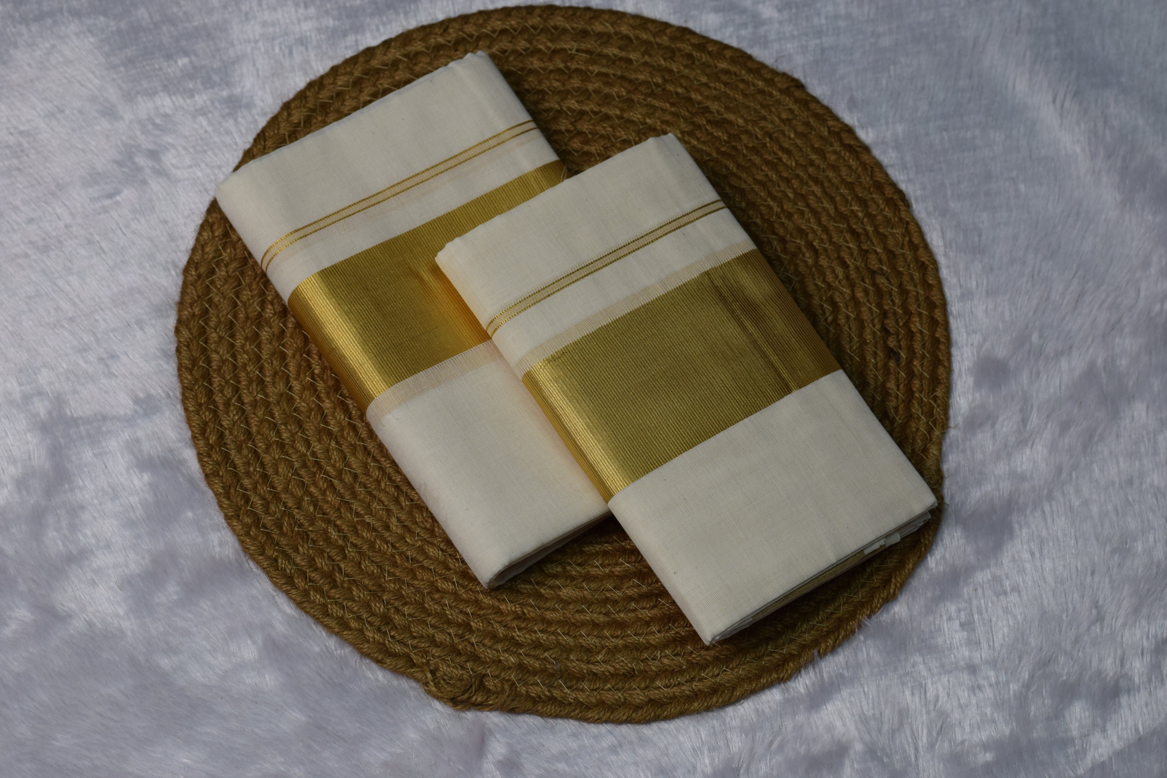 Off-White Cotton set mundu with Traditional Golden Kasavu Border - View 2 - Cotton - Nushio