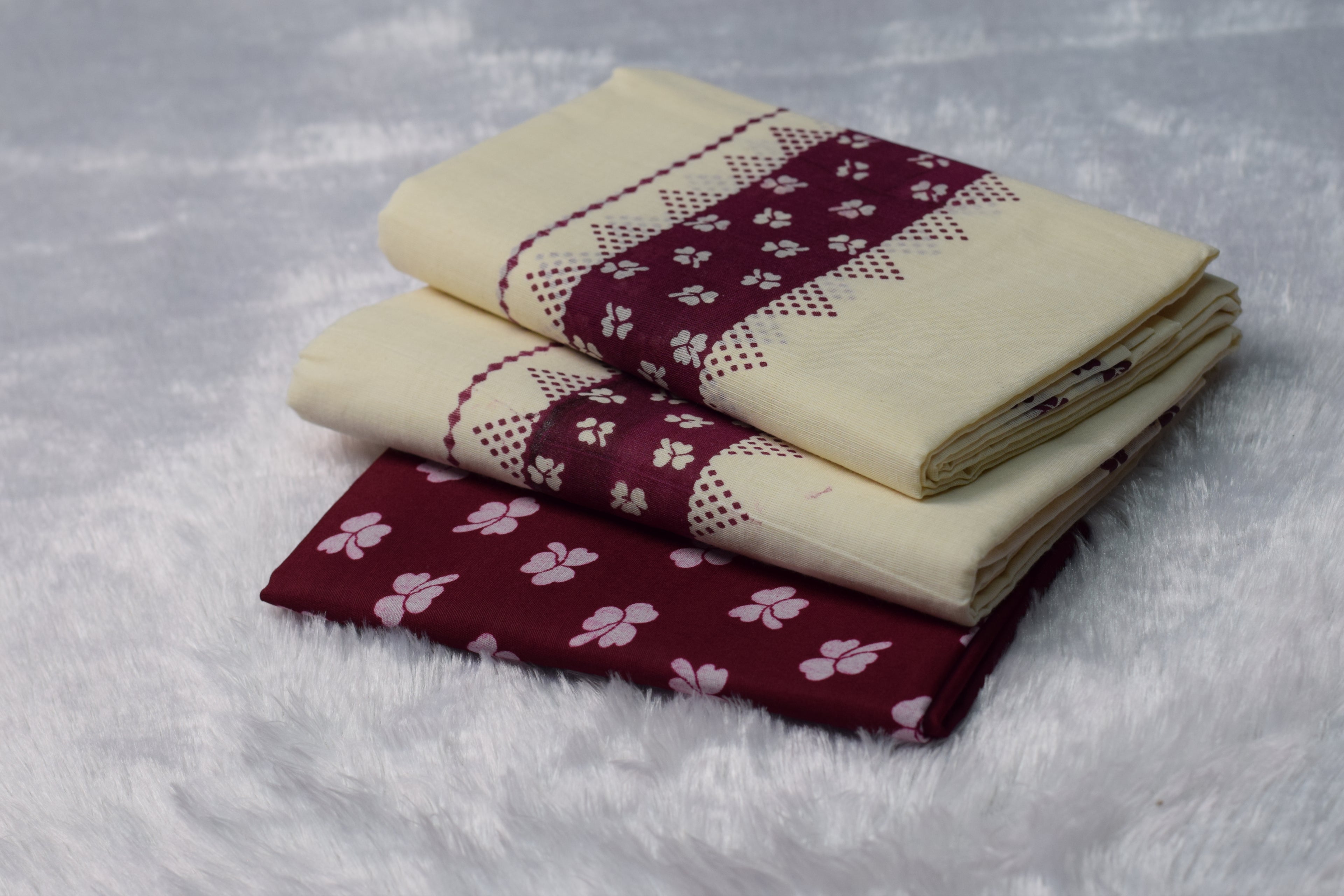 Cream & Maroon Printed Cotton Set Mundu with Contrast Blouse | Nushio