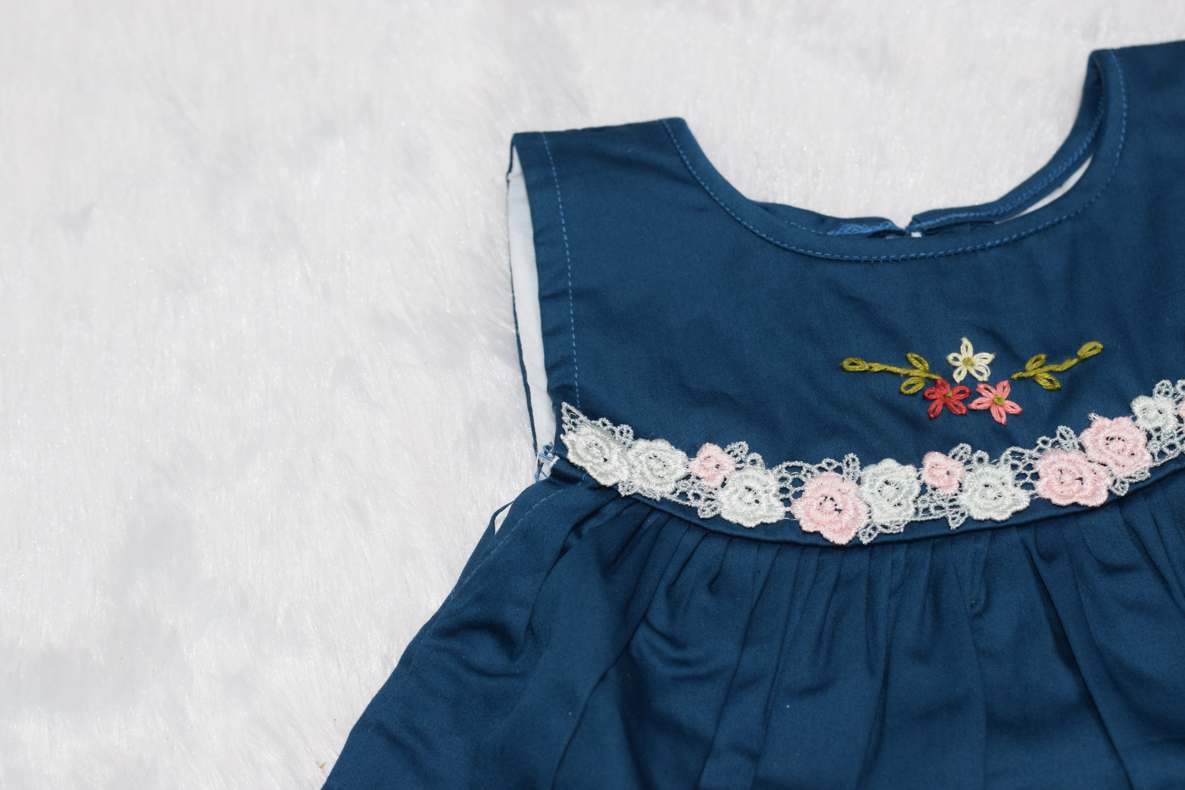 Navy Blue Kids Frock with Floral Lace Detailing