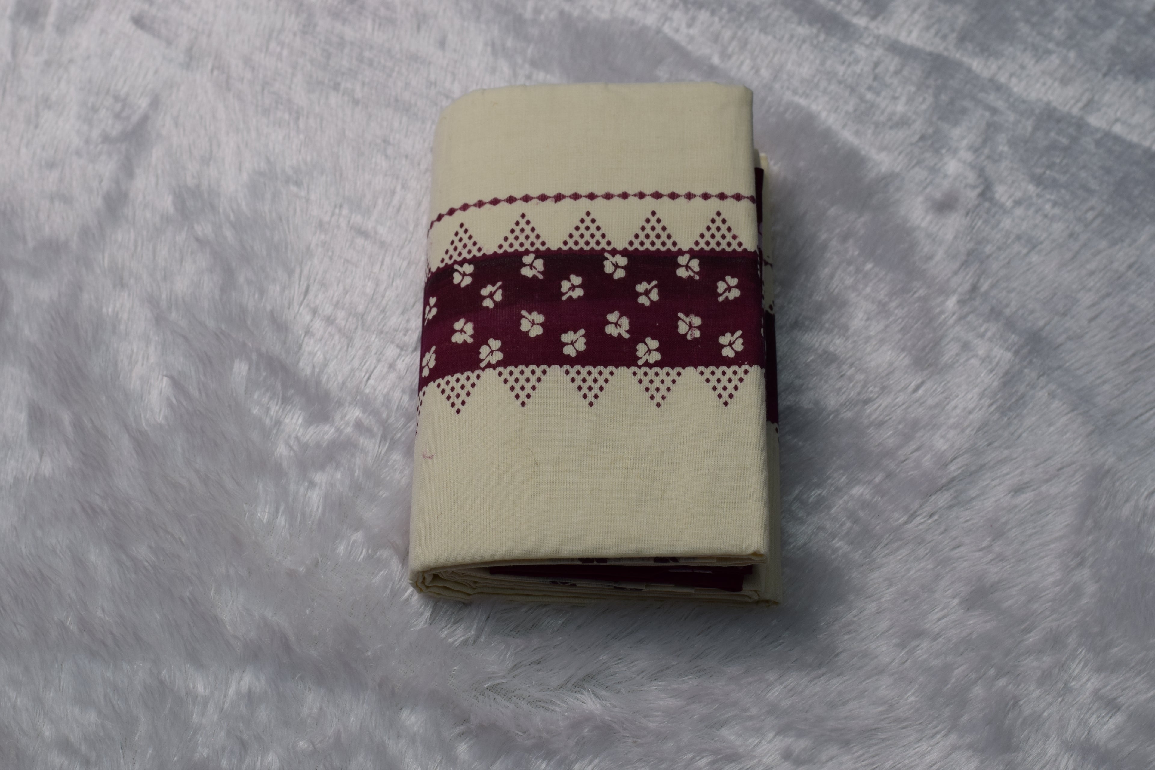 Cream & Maroon Printed Cotton Set Mundu with Contrast Blouse | Nushio