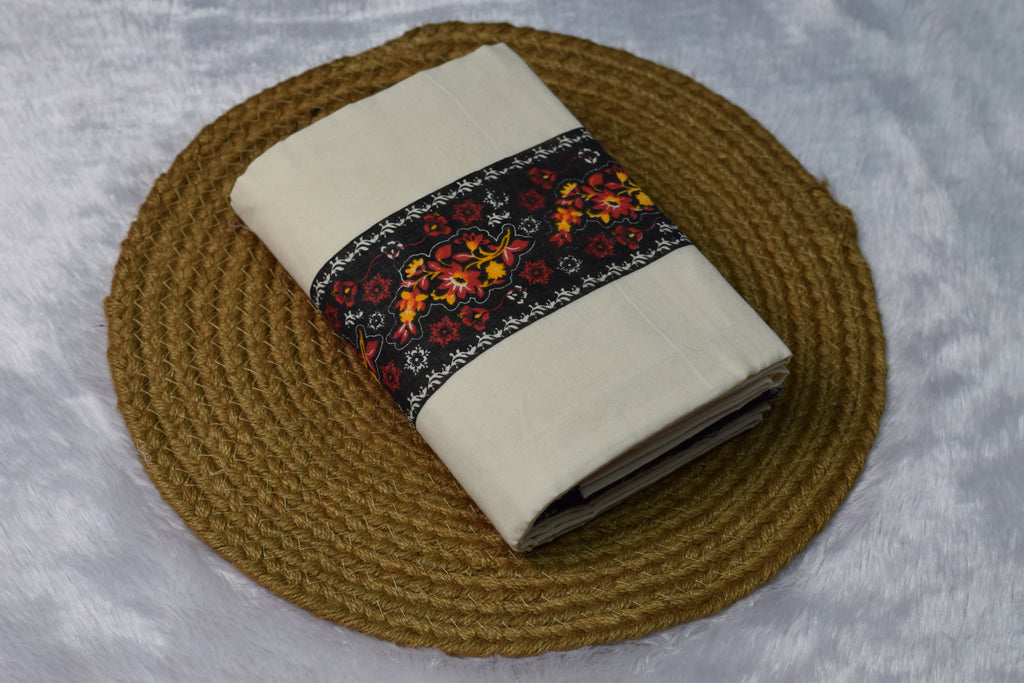 Cream set mundu with blouse- Black Floral Printed Border - View 2 - Floral Printed - Nushio