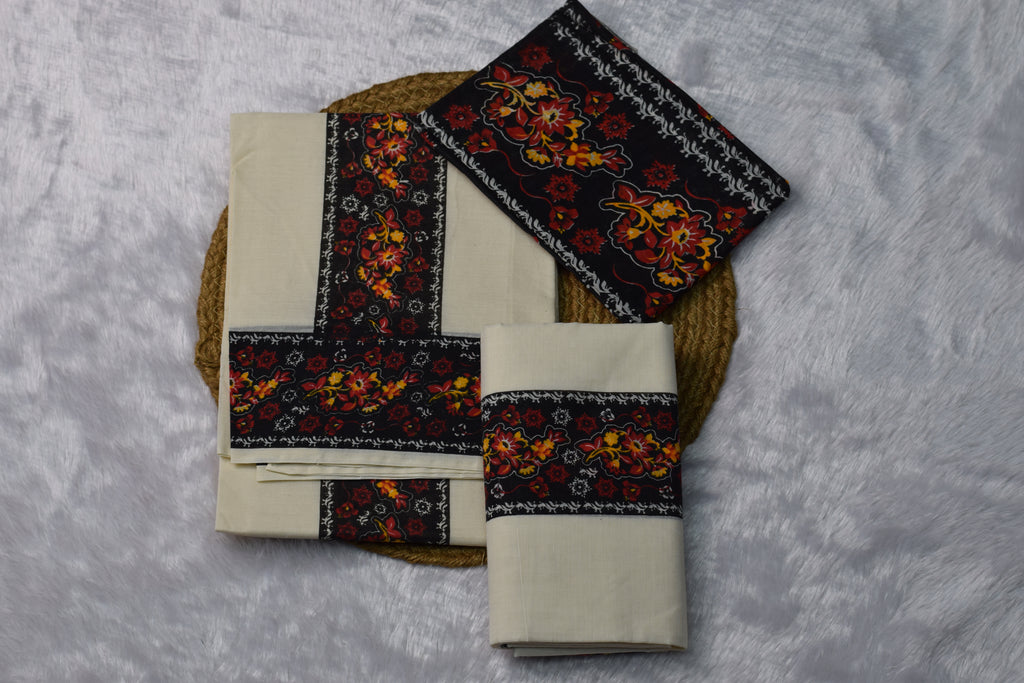 Cream set mundu with blouse- Black Floral Printed Border - View 3 - Floral Printed - Nushio