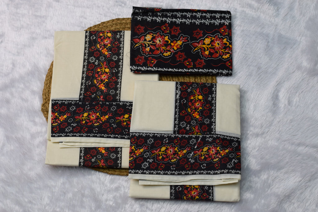 Cream Set Mundu with Black Floral Printed Border & Blouse | Nushio