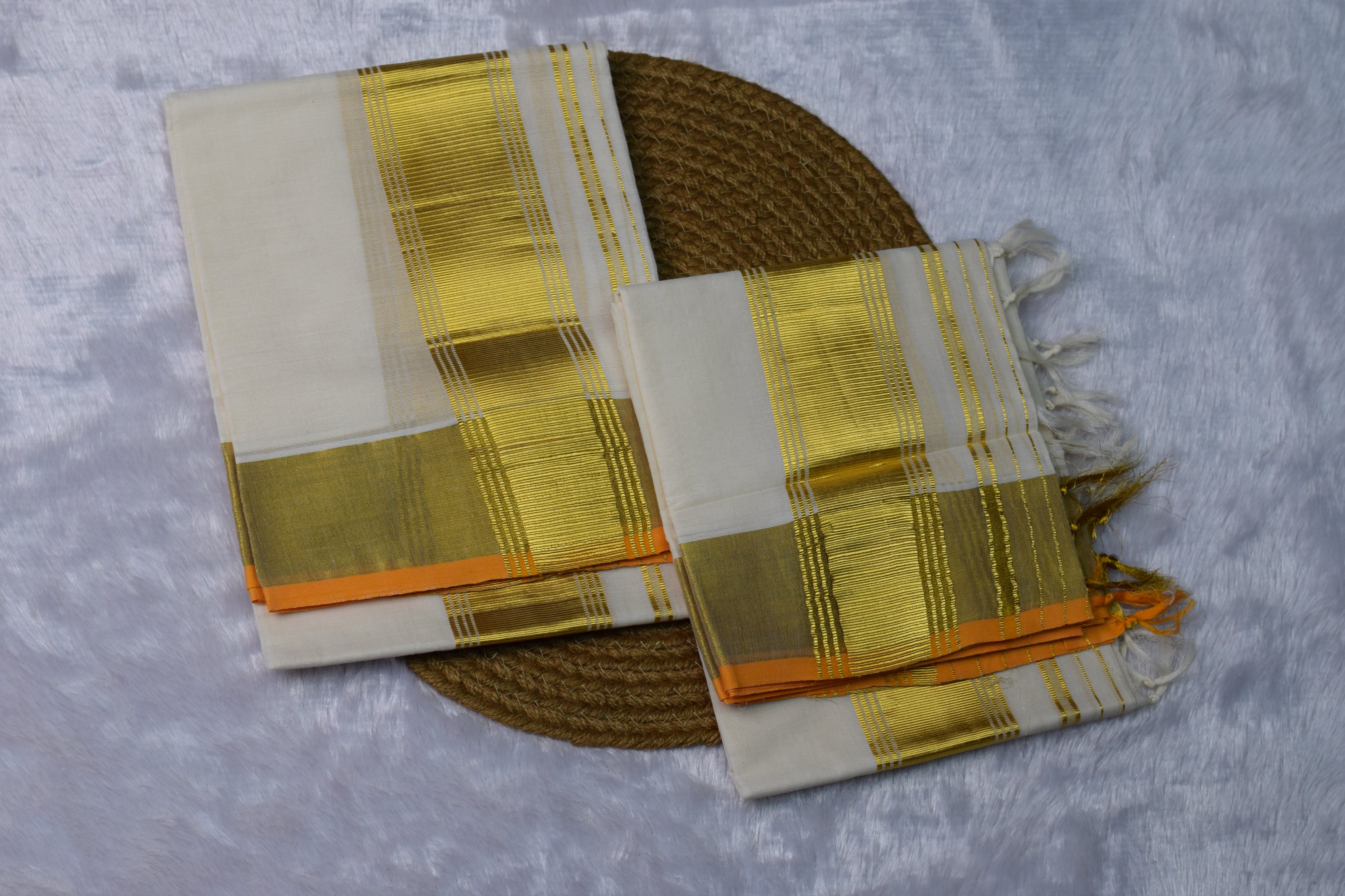 Off-White Kerala set mundu with Golden Zari Border - Main Product Image - Nushio