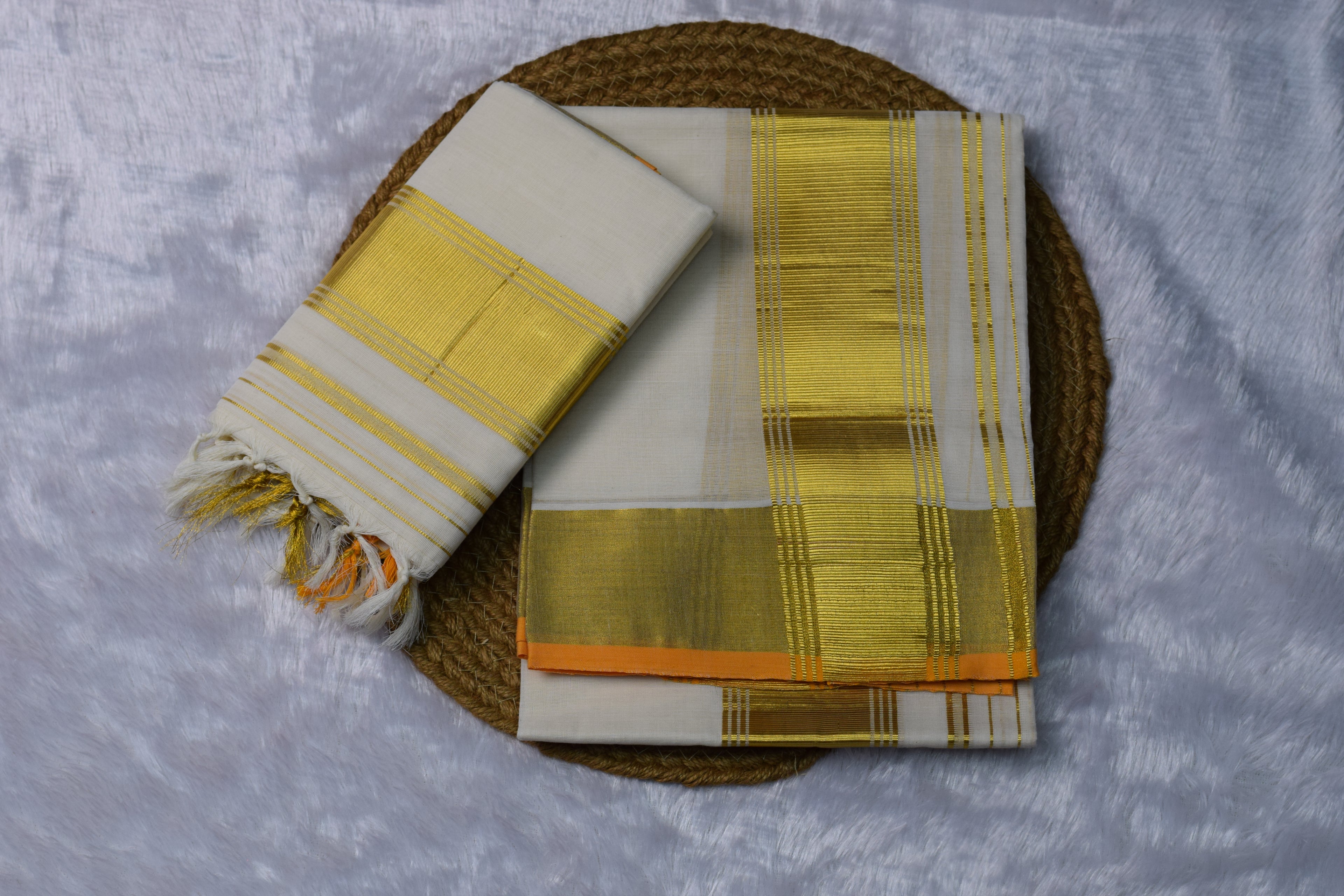 Off-White Kerala set mundu with Golden Zari Border - View 2 - Nushio