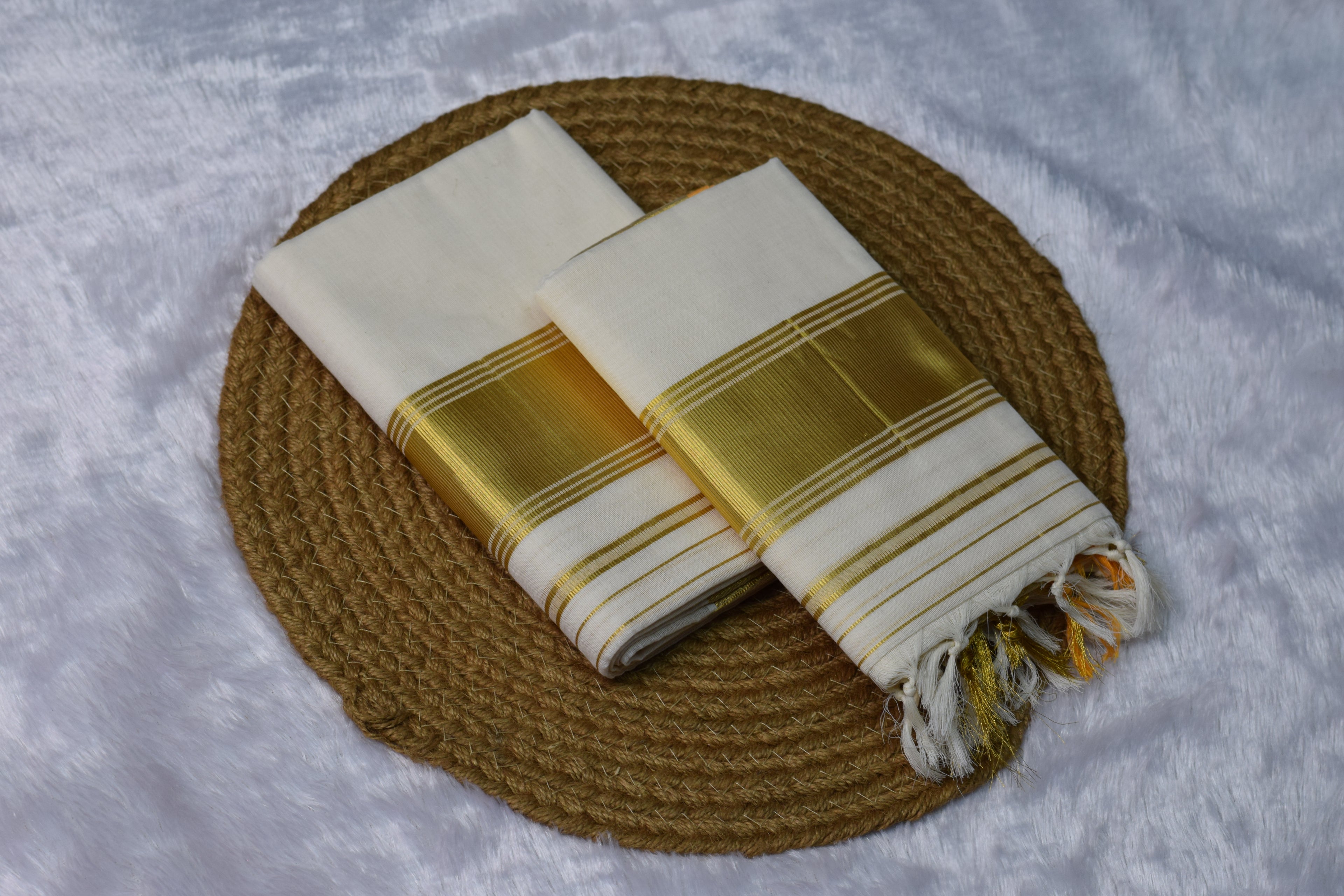 Off-White Kerala set mundu with Golden Zari Border - View 3 - Nushio