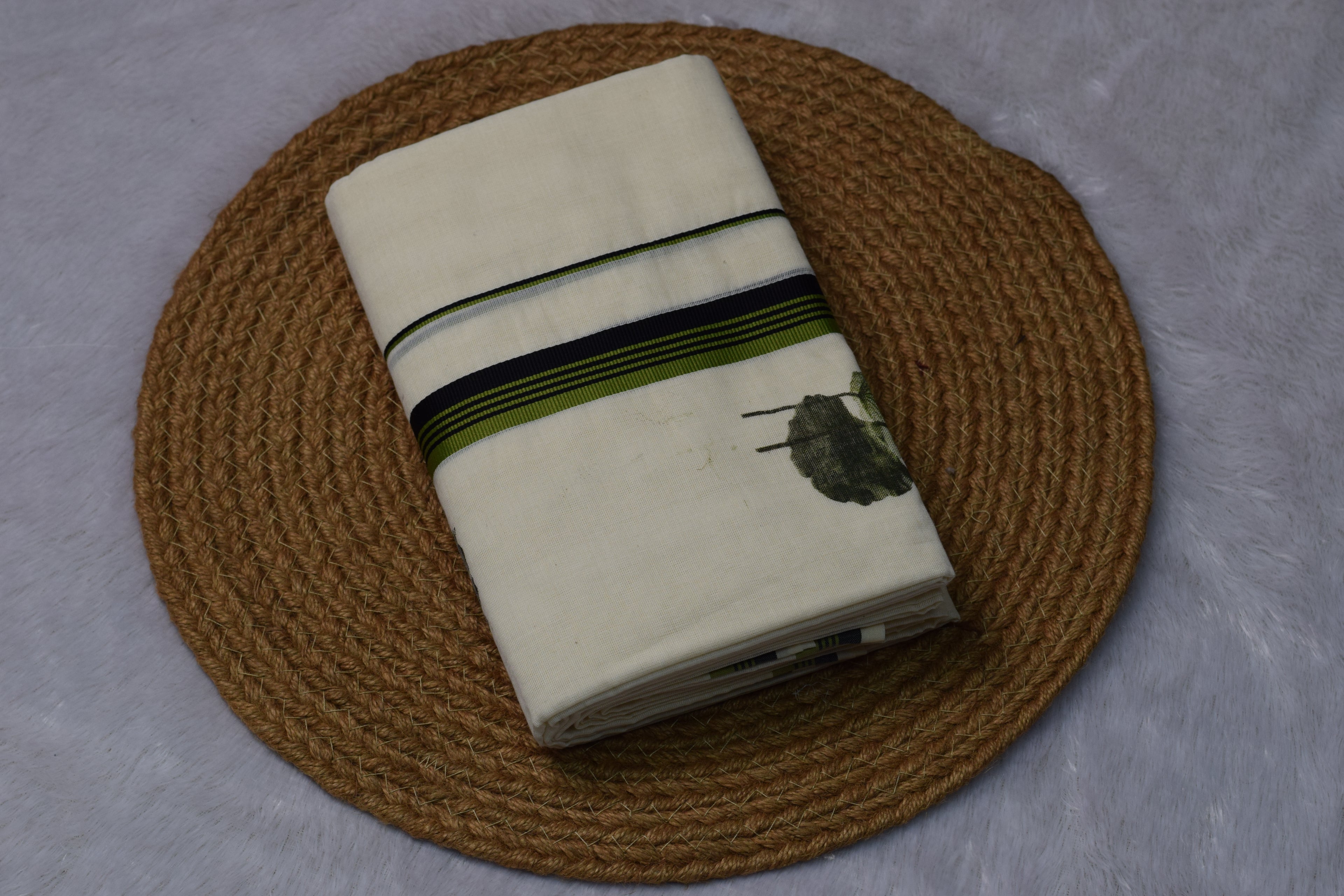 Kerala Set Mundu with Green & Black Stripes and Floral Design
