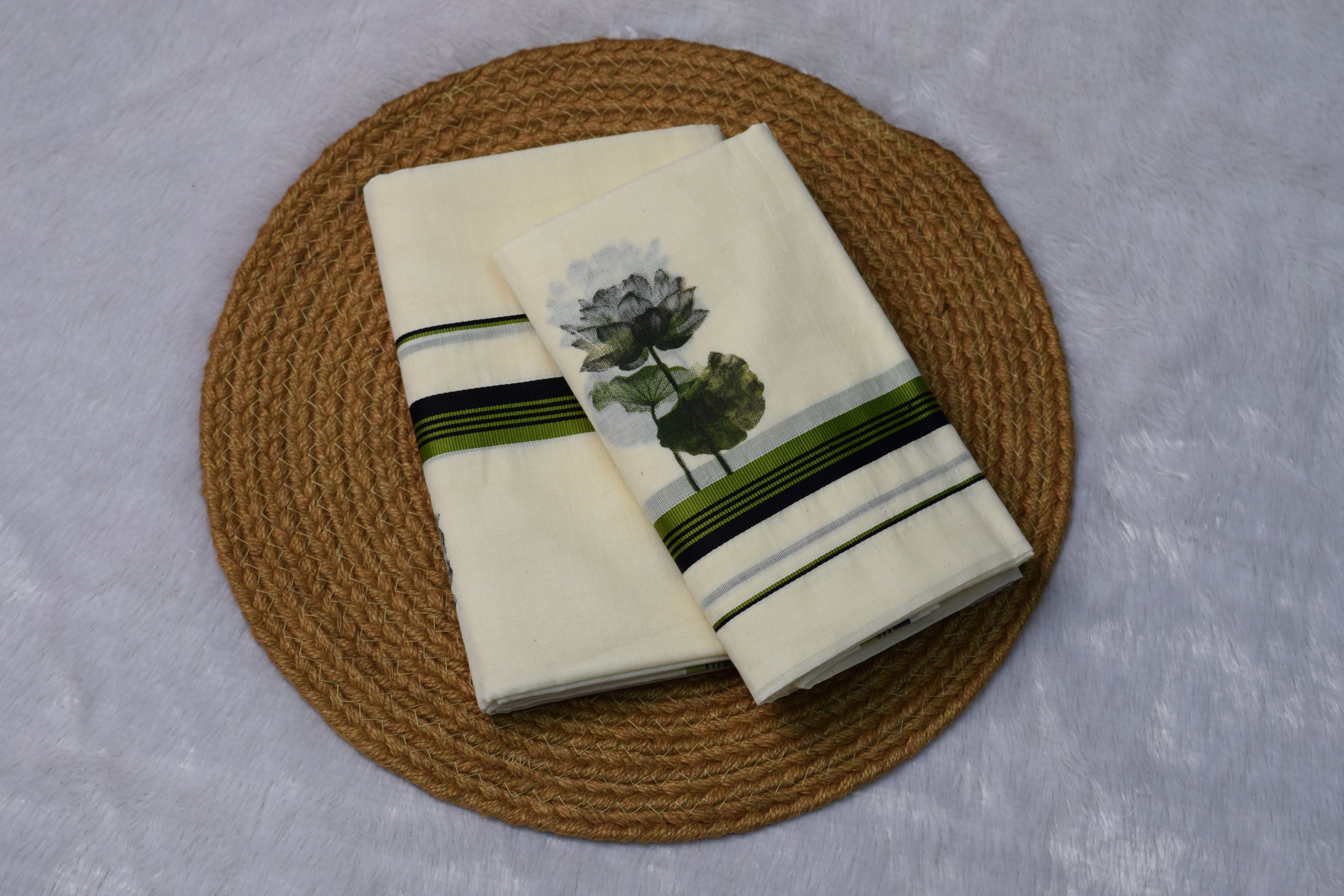 Kerala Set Mundu with Green & Black Stripes and Floral Design - View 2 - Floral - Nushio