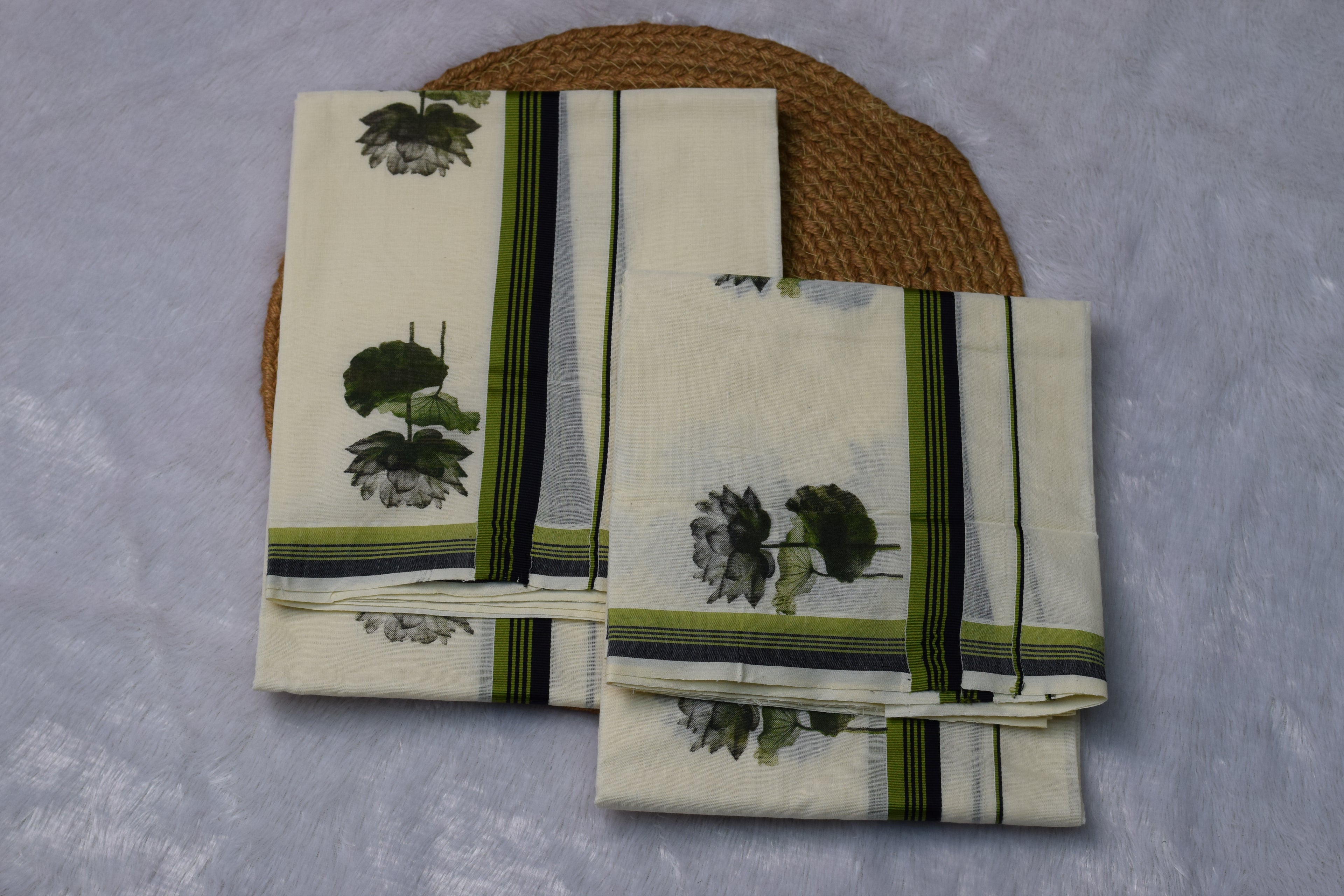 Kerala Set Mundu with Green & Black Stripes and Floral Design - Main Product Image - Floral - Nushio