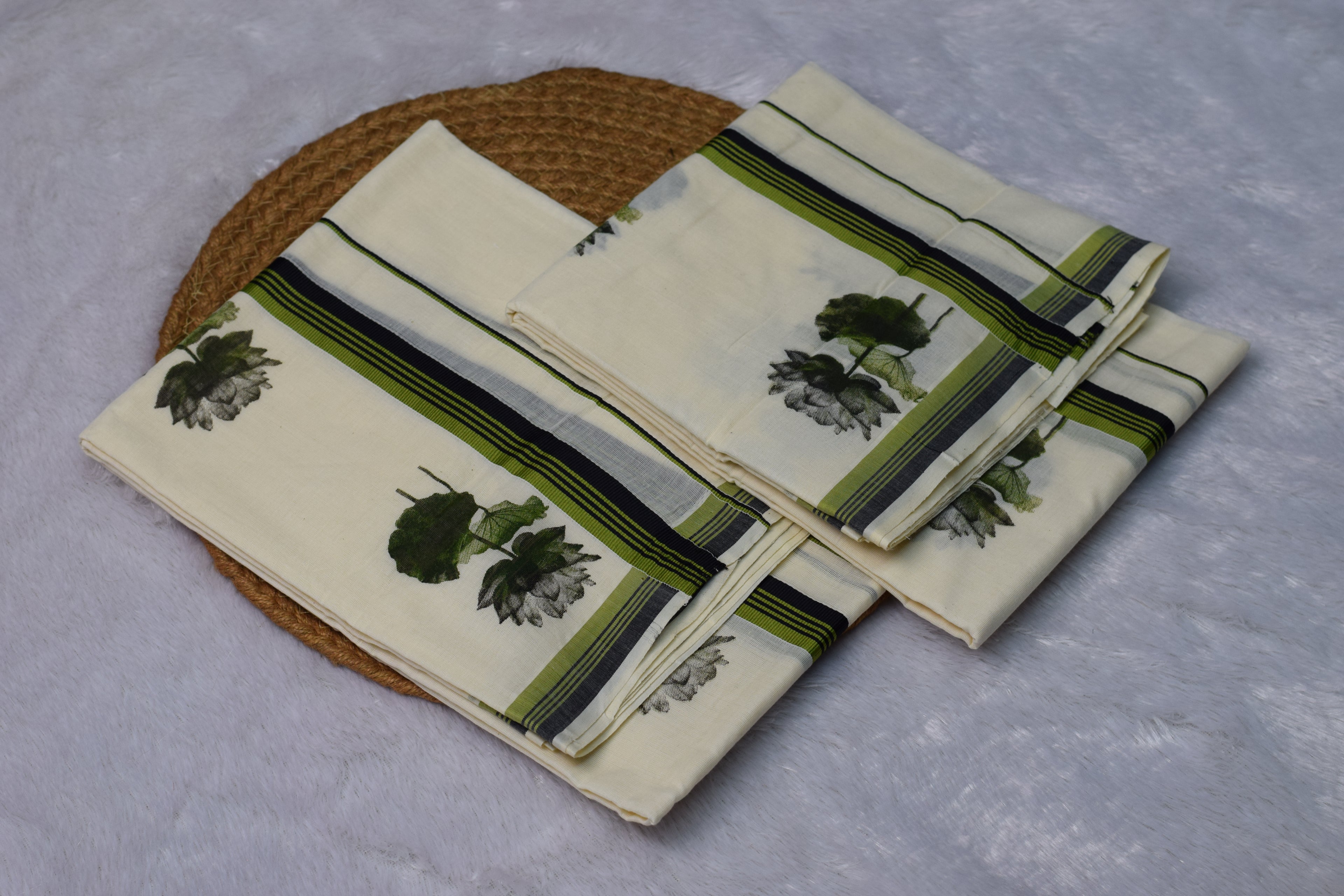 Kerala Set Mundu with Green & Black Stripes and Floral Design