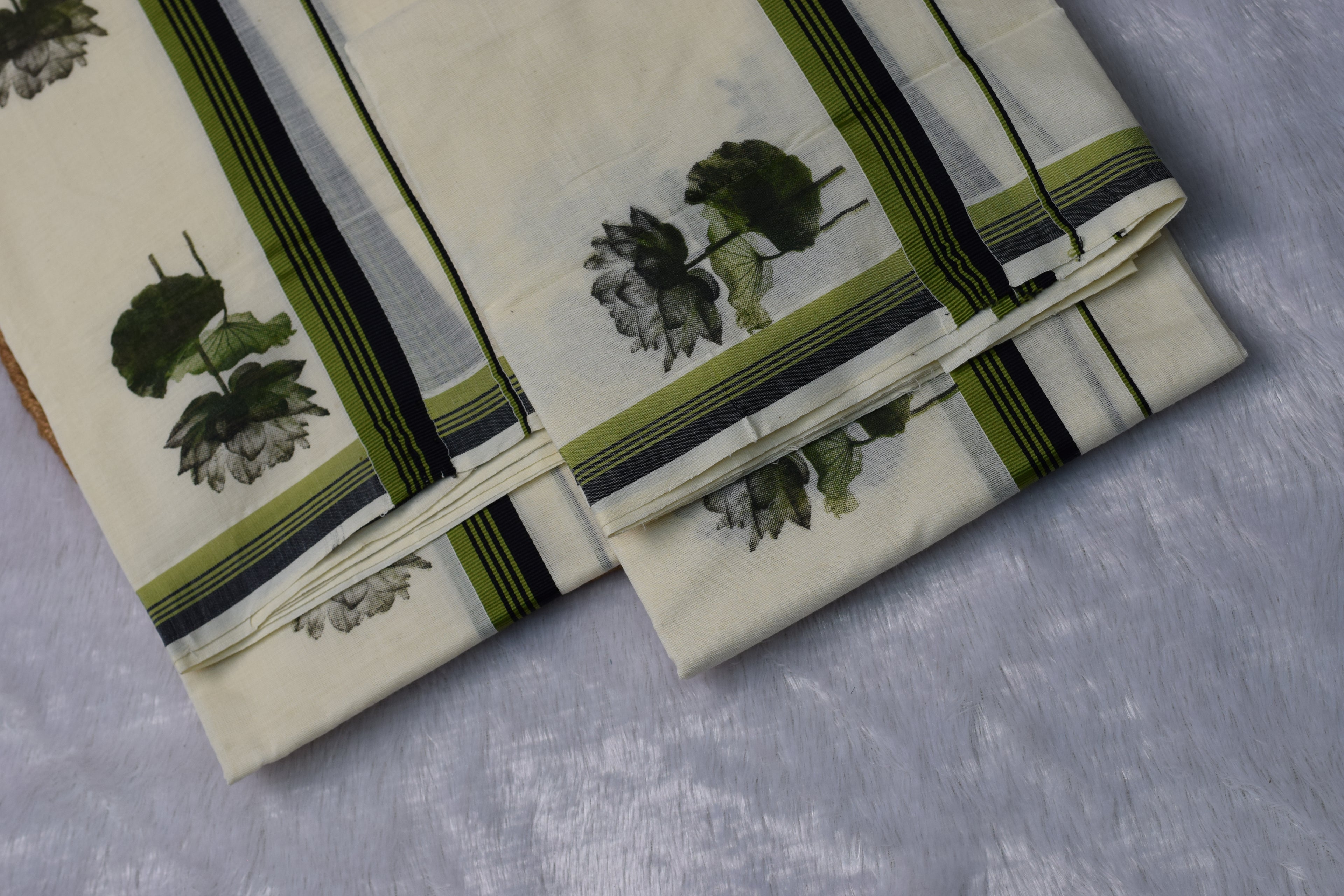 Kerala Set Mundu with Green & Black Stripes and Floral Design - View 3 - Floral - Nushio