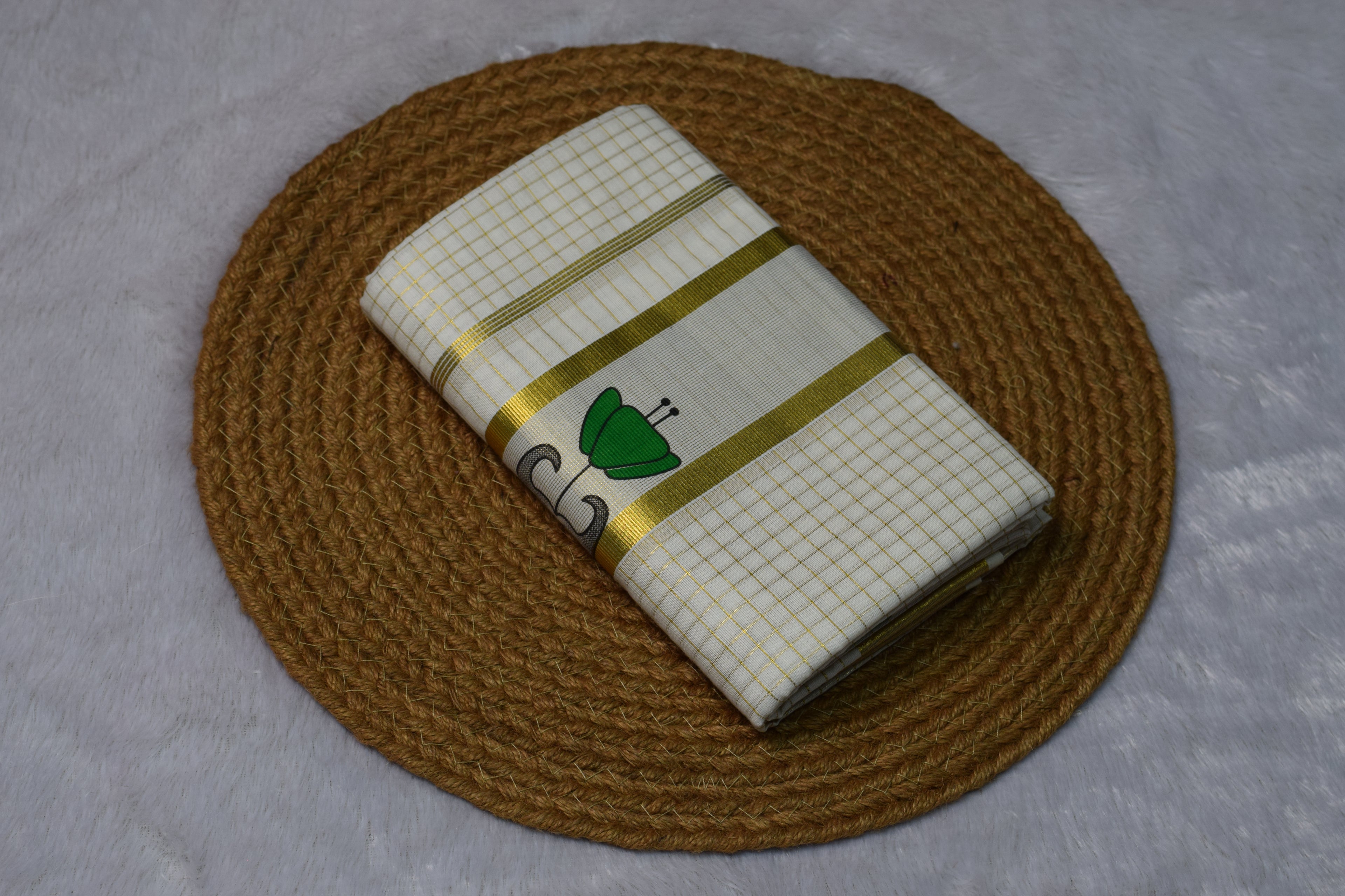 Traditional Kerala Set Mundu with Golden Kasavu Border & Classic Motif Design