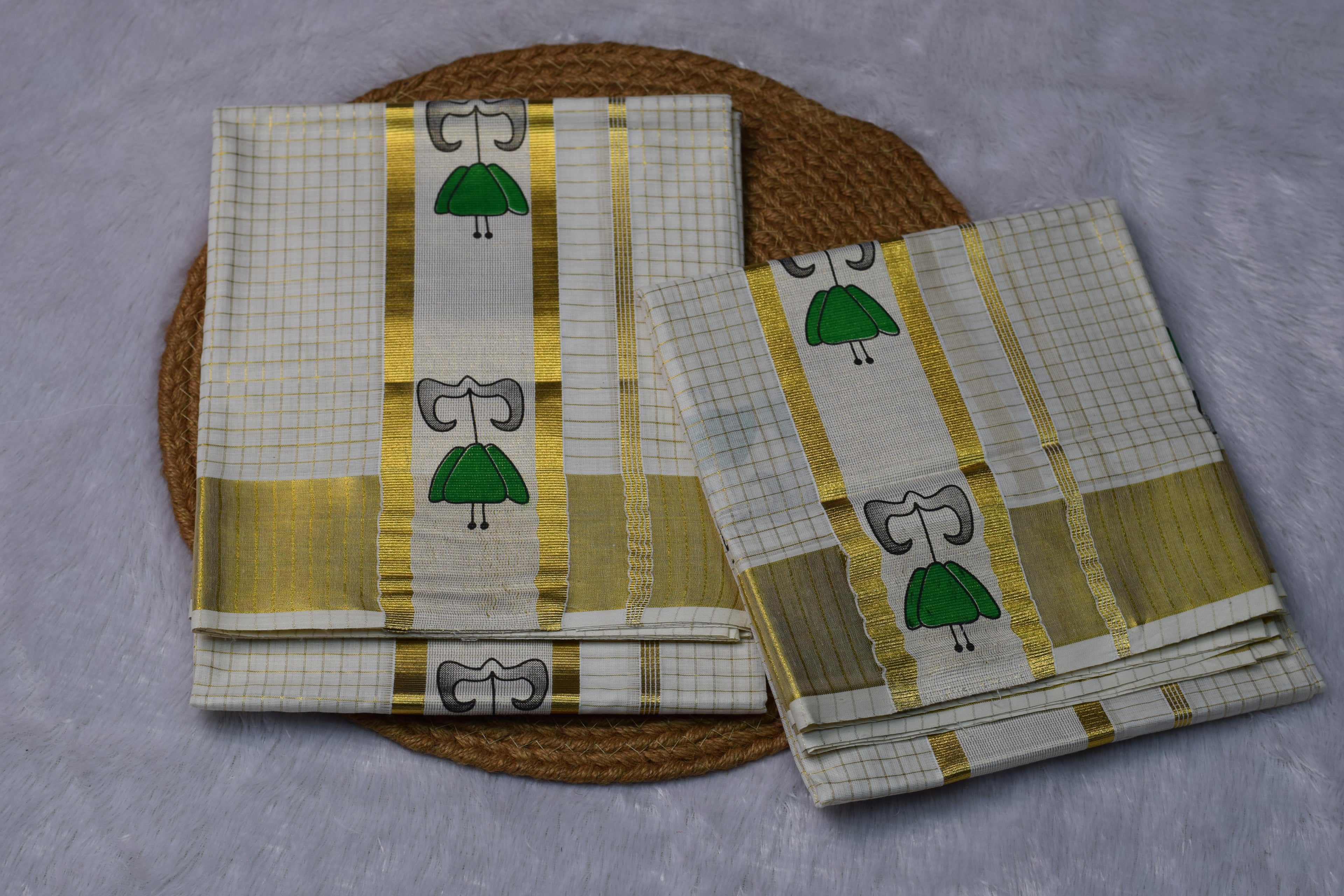 Traditional Kerala Set Mundu with Golden Kasavu Border & Classic Motif Design