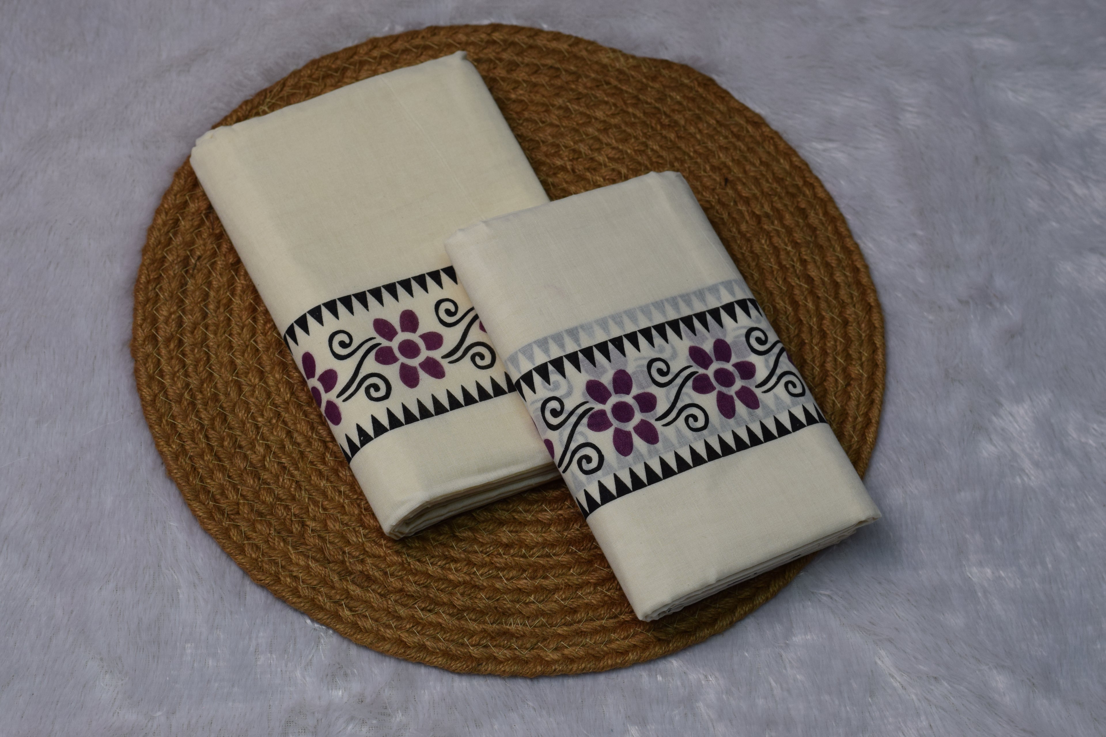 Kerala Set Mundu with Purple Floral Border - View 3 - Floral - Nushio