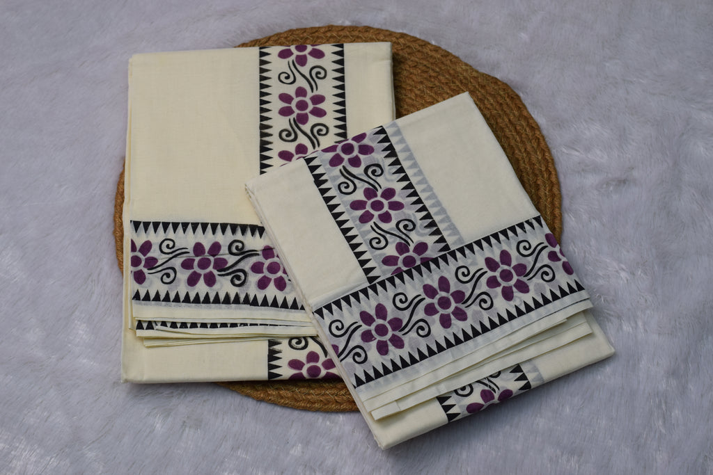 Kerala Set Mundu with Purple Floral Border - Main Product Image - Floral - Nushio