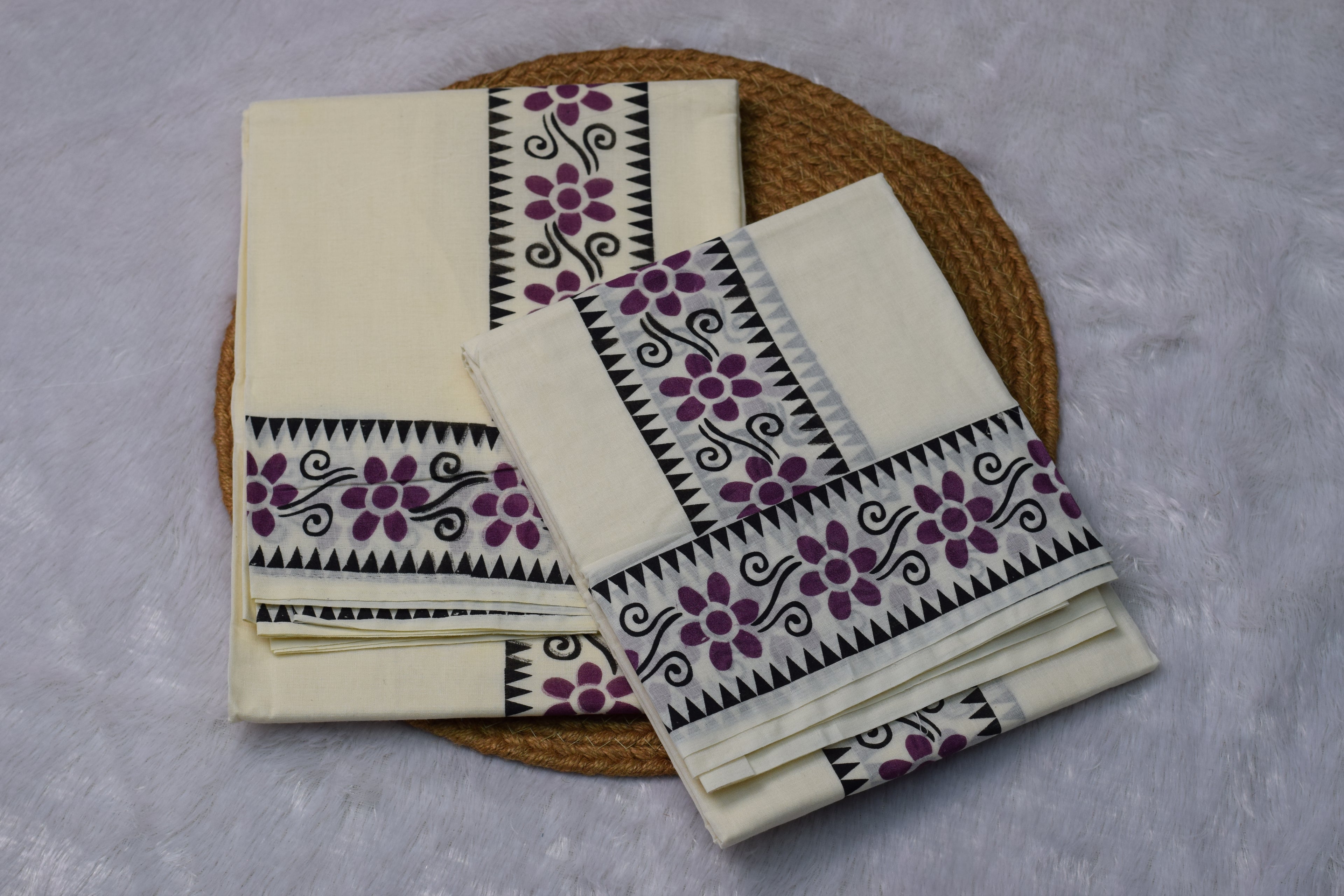 Kerala Set Mundu with Purple Floral Border - Main Product Image - Floral - Nushio
