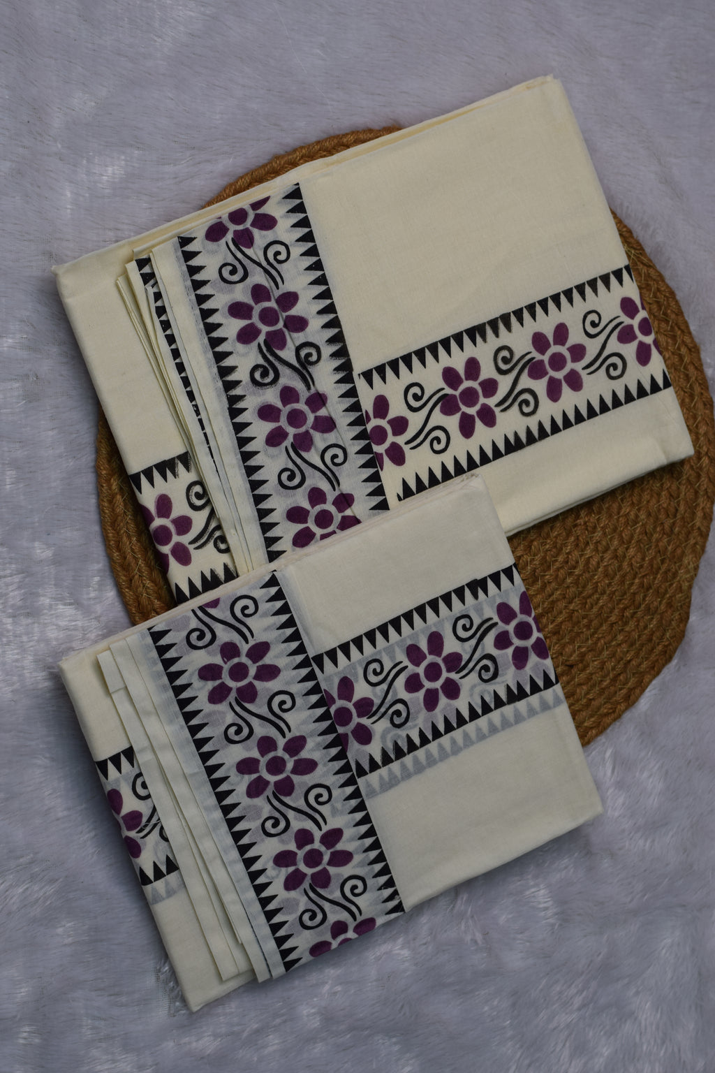 Kerala Set Mundu with Purple Floral Border - View 2 - Floral - Nushio