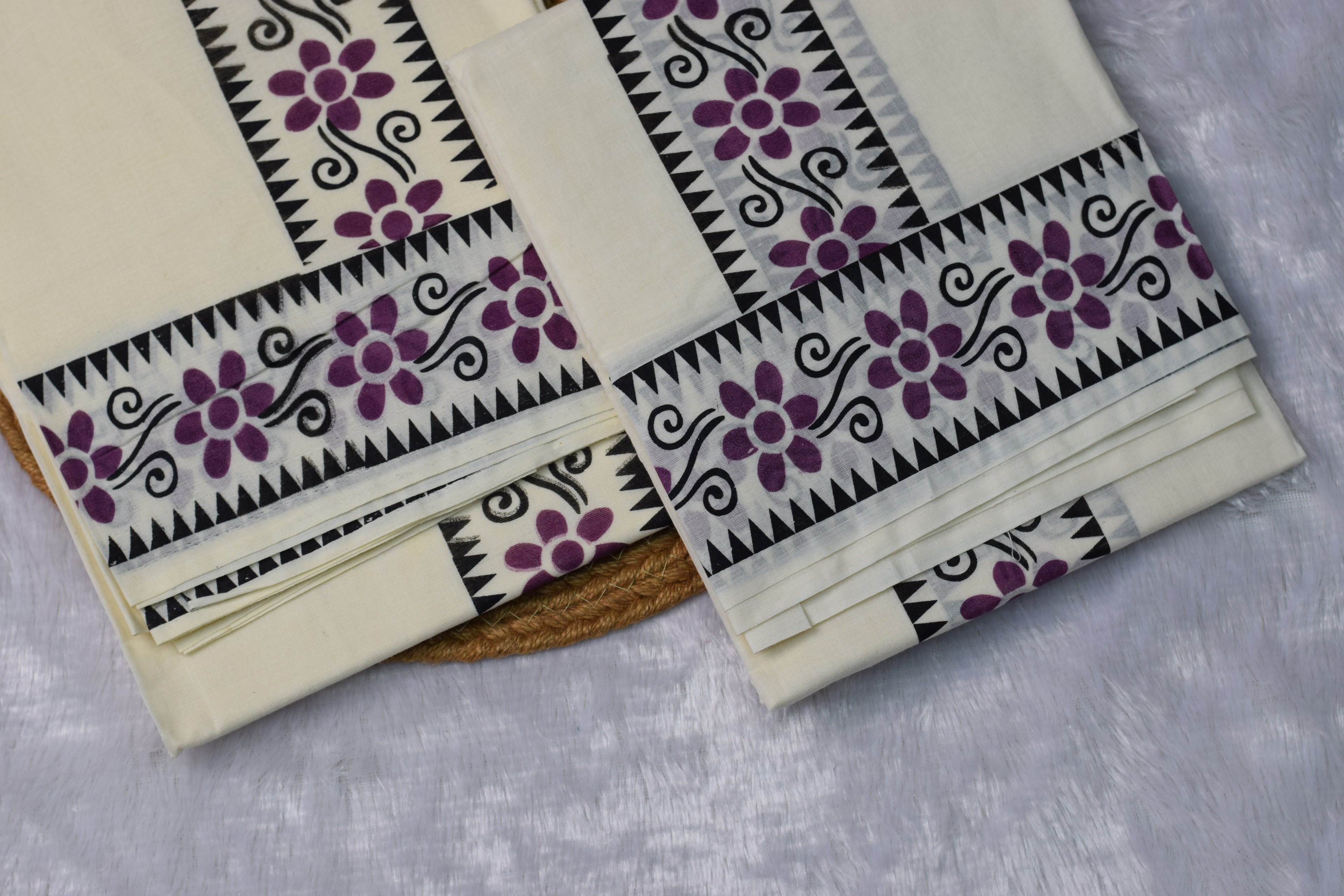 Kerala Set Mundu with Purple Floral Border