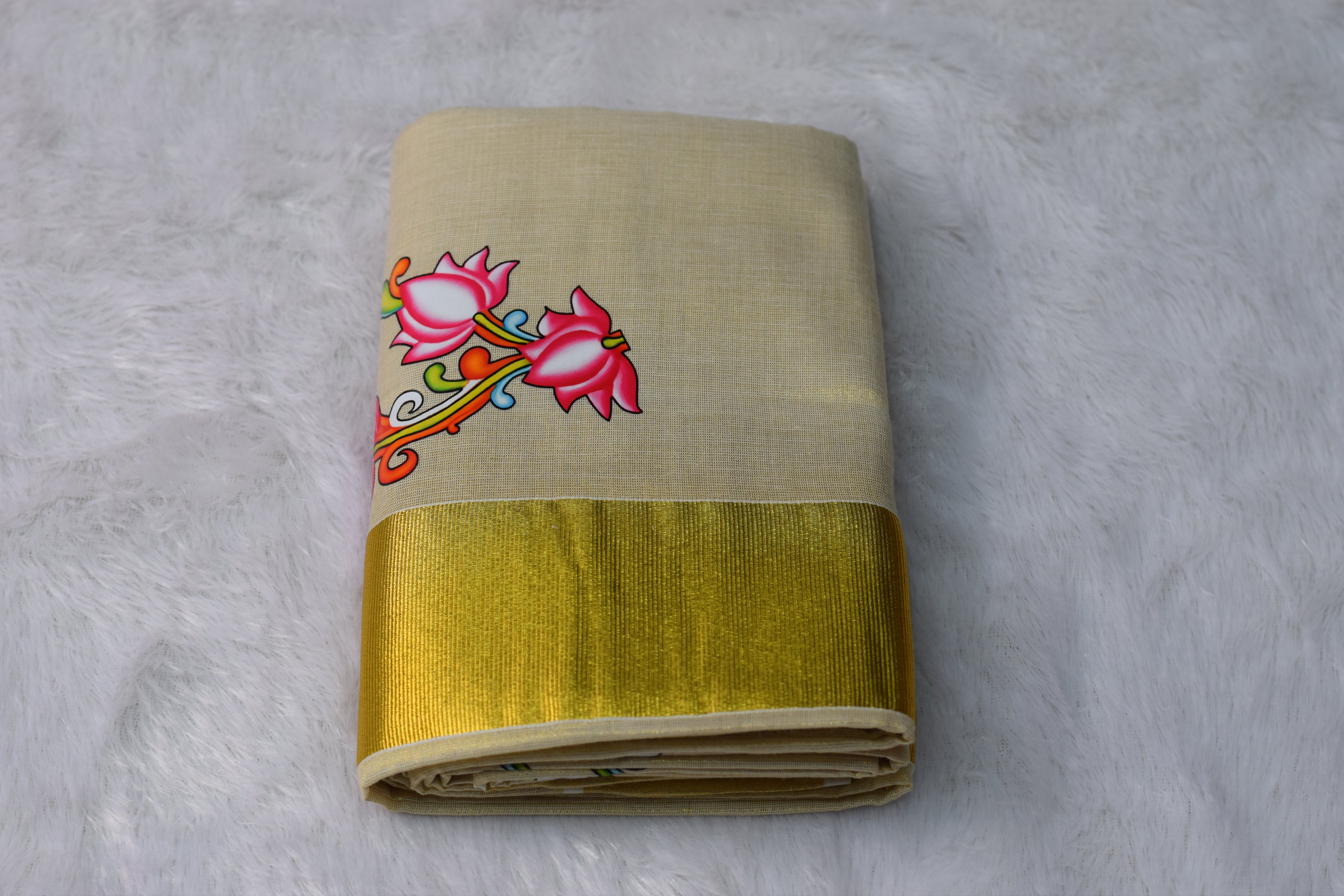 Kerala Set Mundu with Golden Kasavu Border & Floral Print