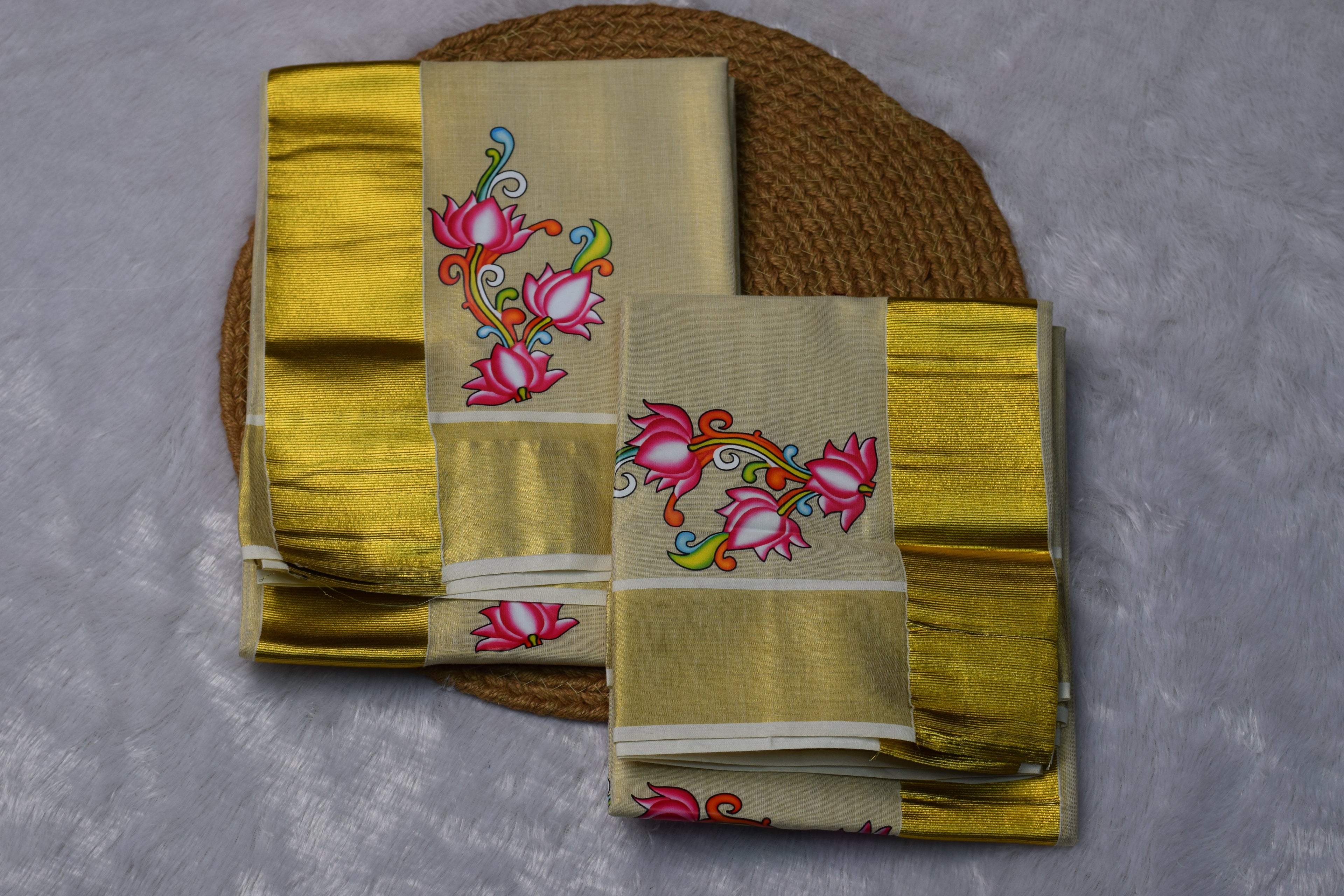 Kerala Set Mundu with Golden Kasavu Border & Floral Print - View 2 - Floral - Nushio