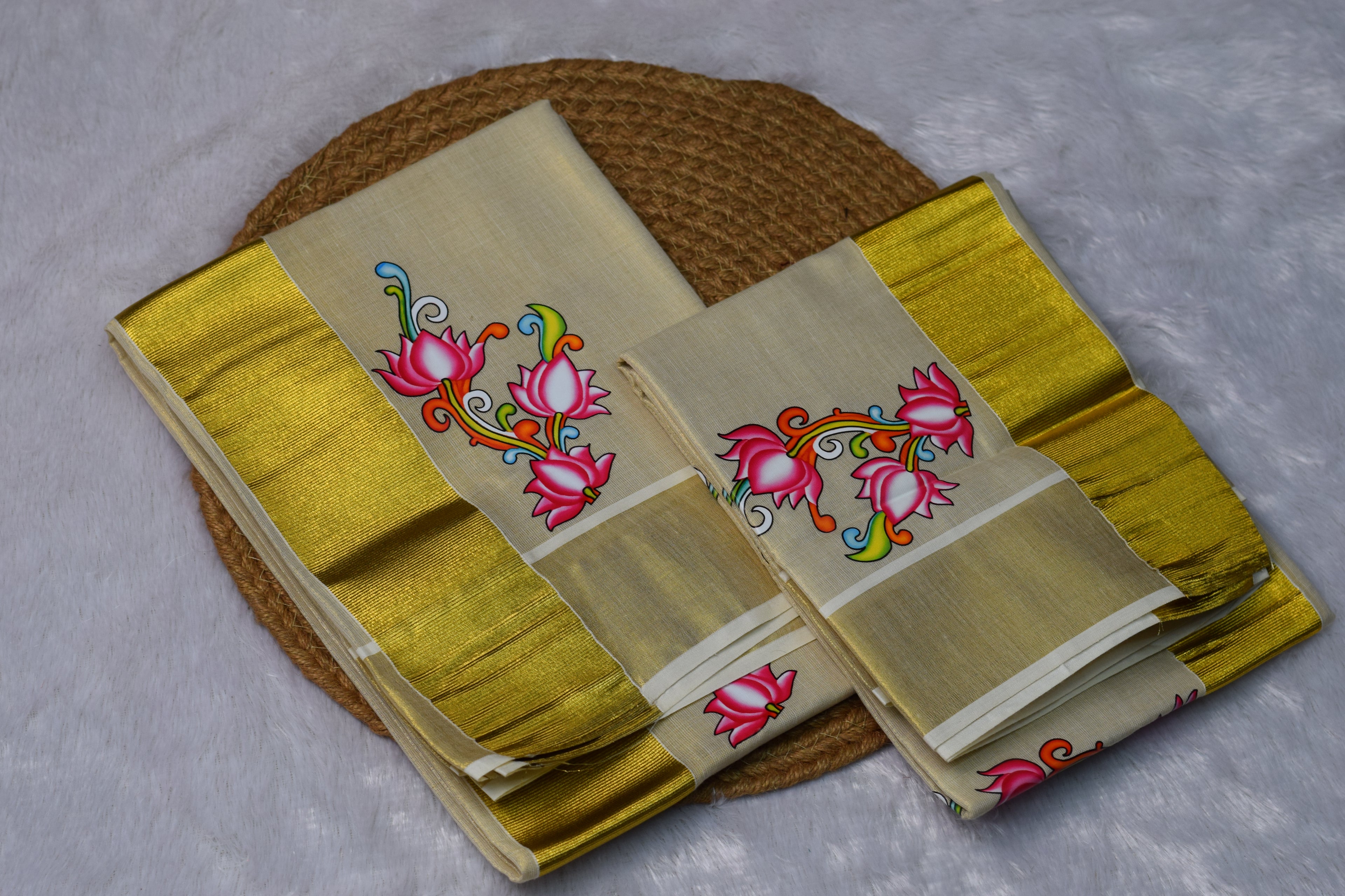 Kerala Set Mundu with Golden Kasavu Border & Floral Print - Main Product Image - Floral - Nushio