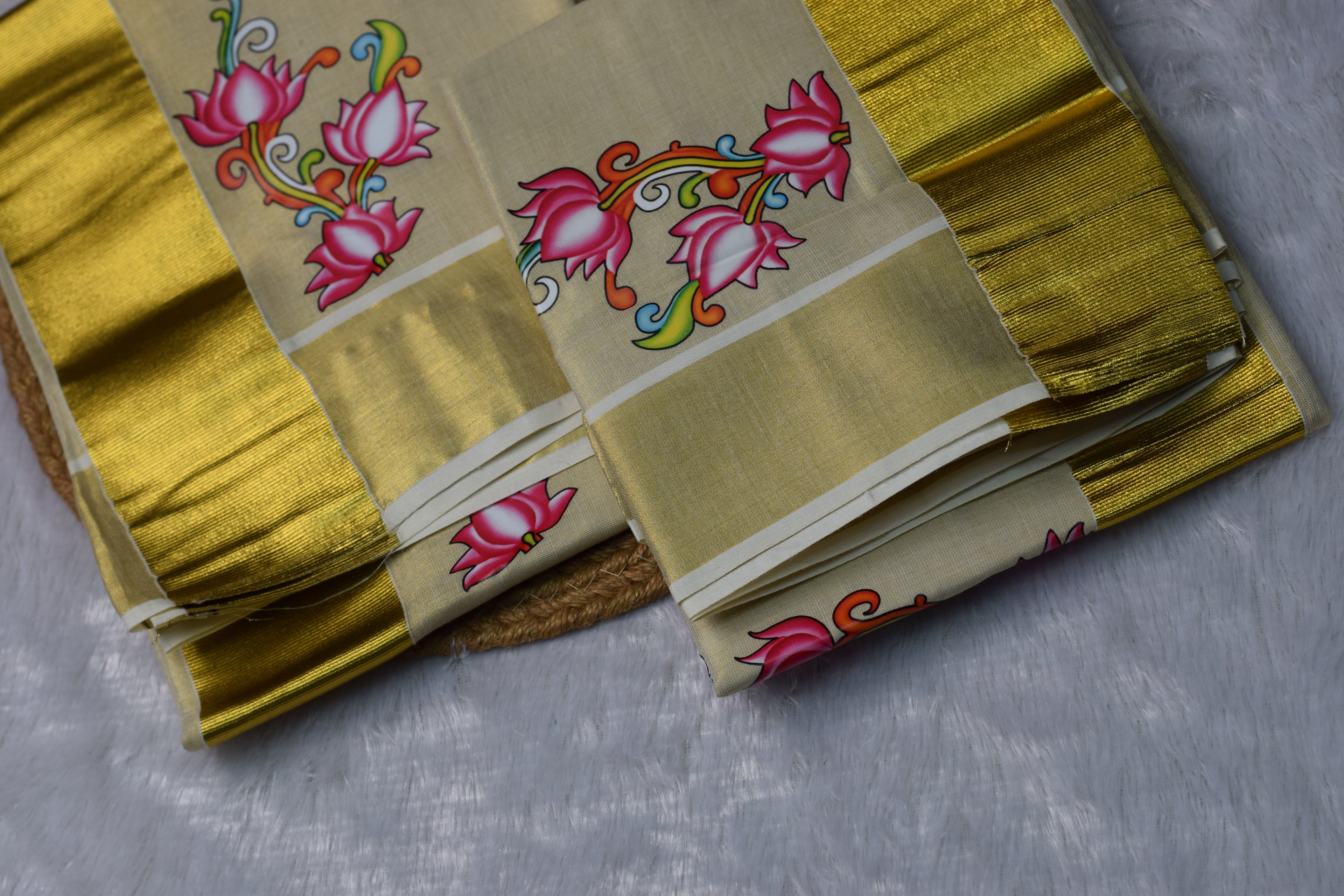 Kerala Set Mundu with Golden Kasavu Border & Floral Print - View 3 - Floral - Nushio
