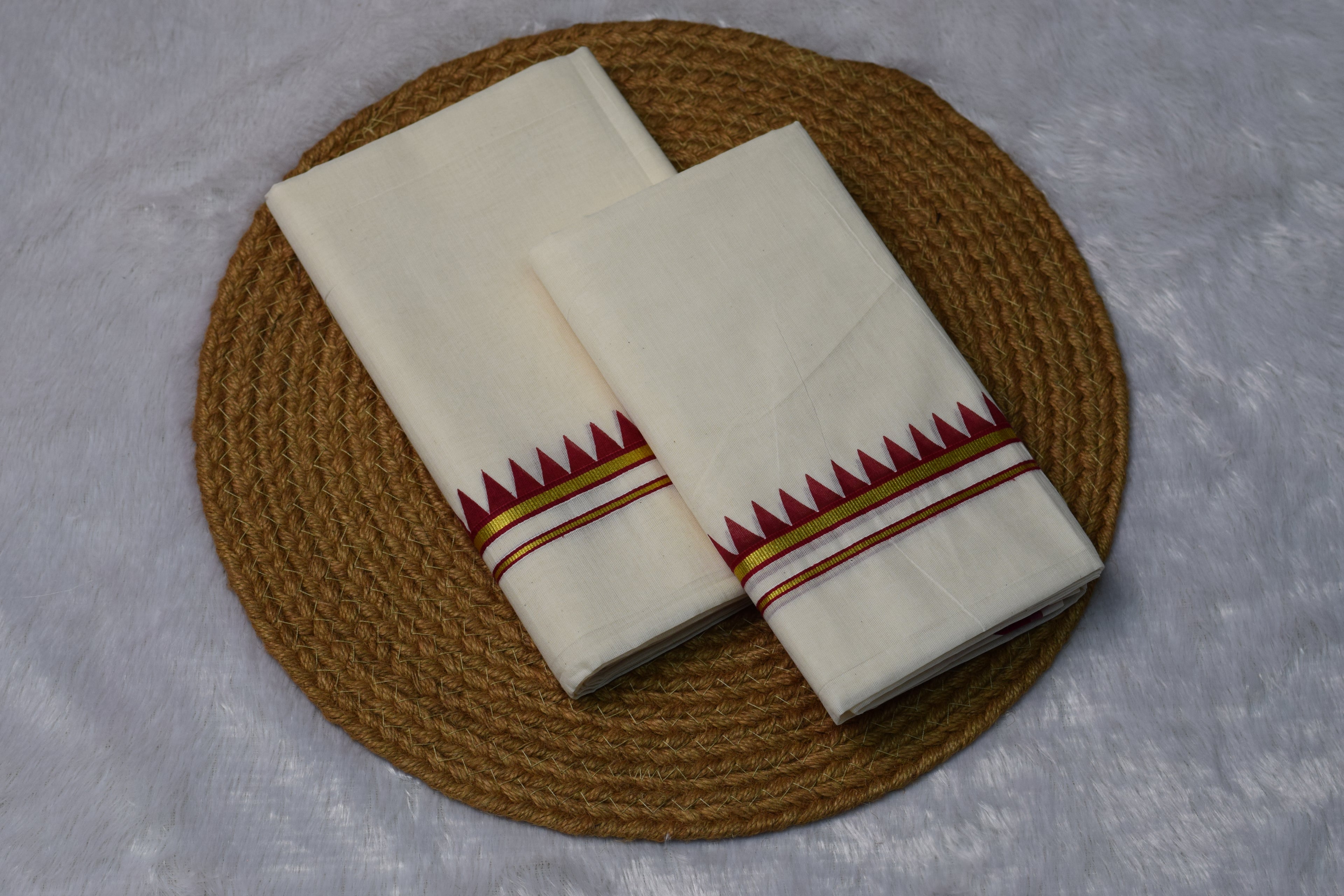 Kerala Traditional Kasavu Set Mundu with Red & Gold Border - Main Product Image - Nushio