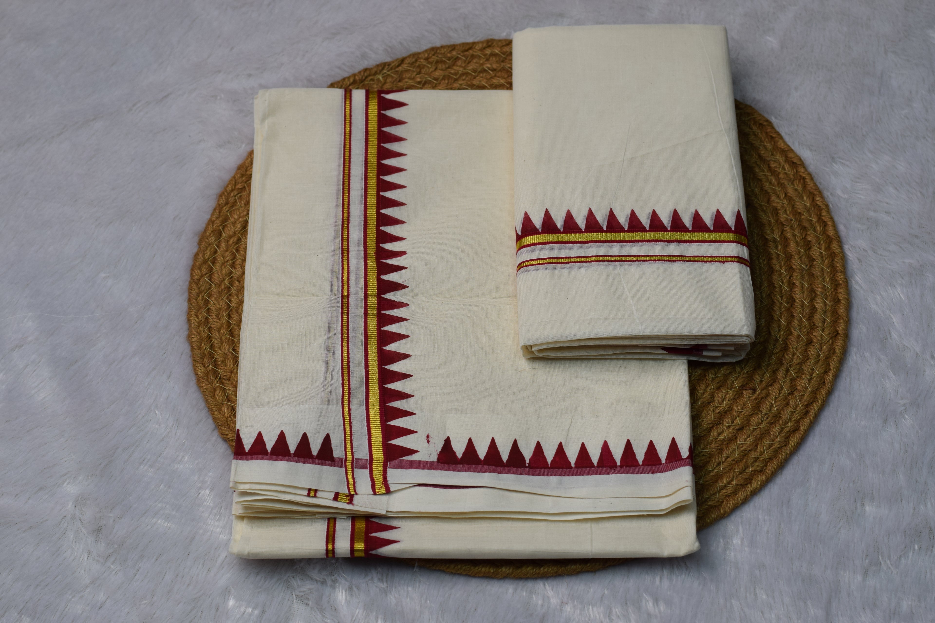 Kerala Traditional Kasavu Set Mundu with Red & Gold Border - View 2 - Nushio