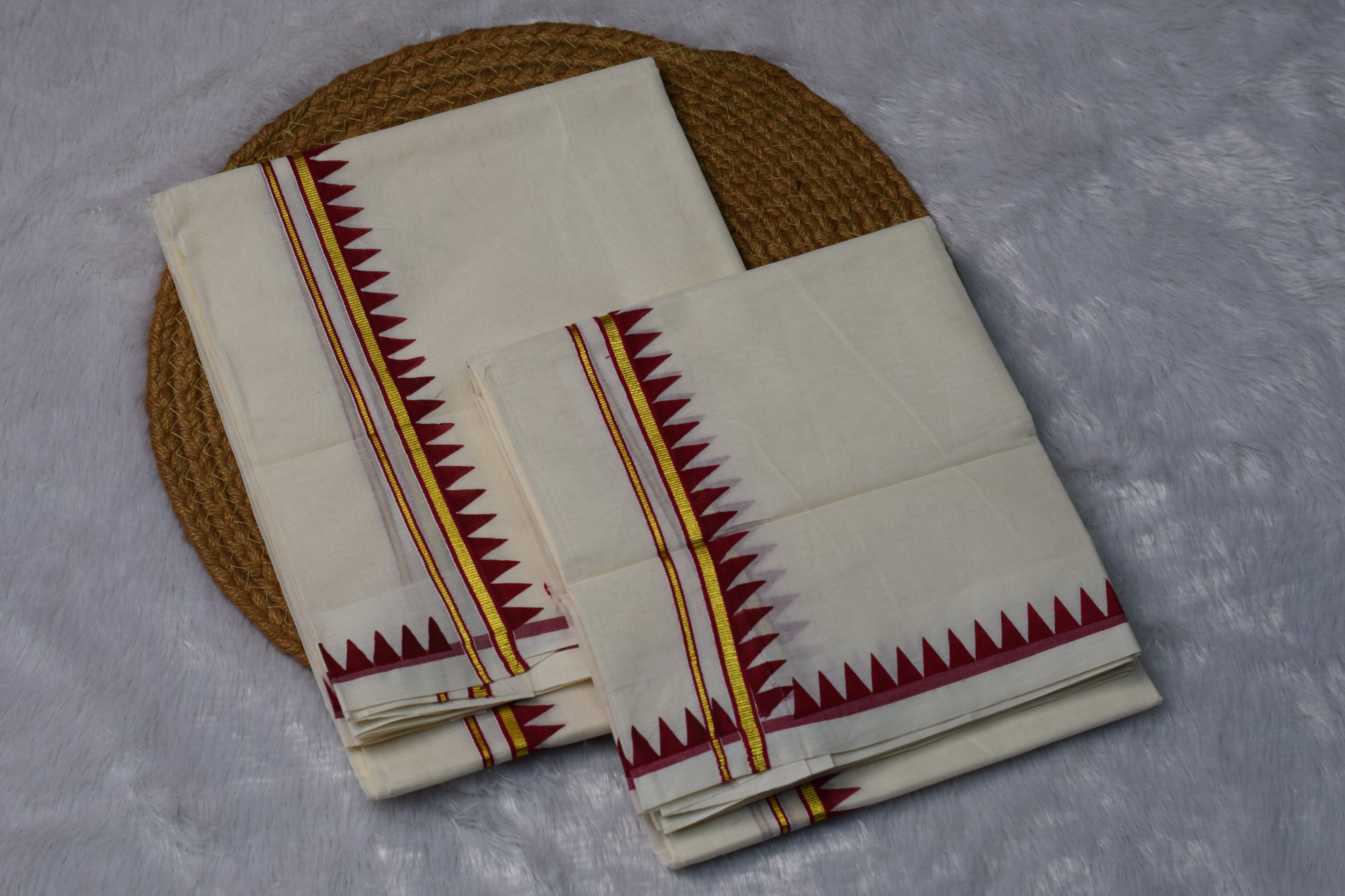 Kerala Traditional Kasavu Set Mundu with Red & Gold Border - View 3 - Nushio