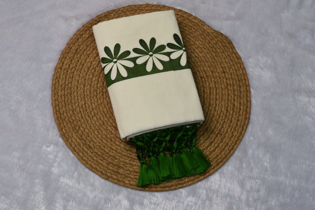 Cream Set Mundu with Green Floral Border & Tassel Detail | Nushio