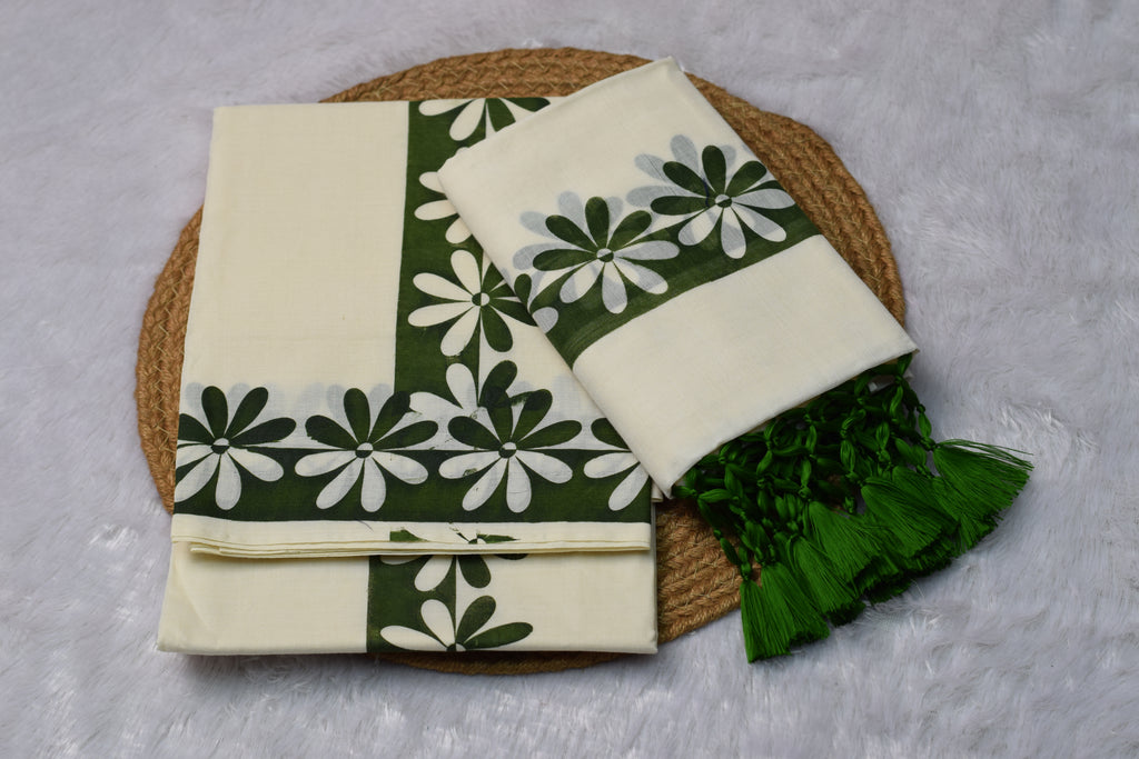 Cream Set Mundu with Green Floral Border & Tassel Detail - View 3 - Floral - Nushio