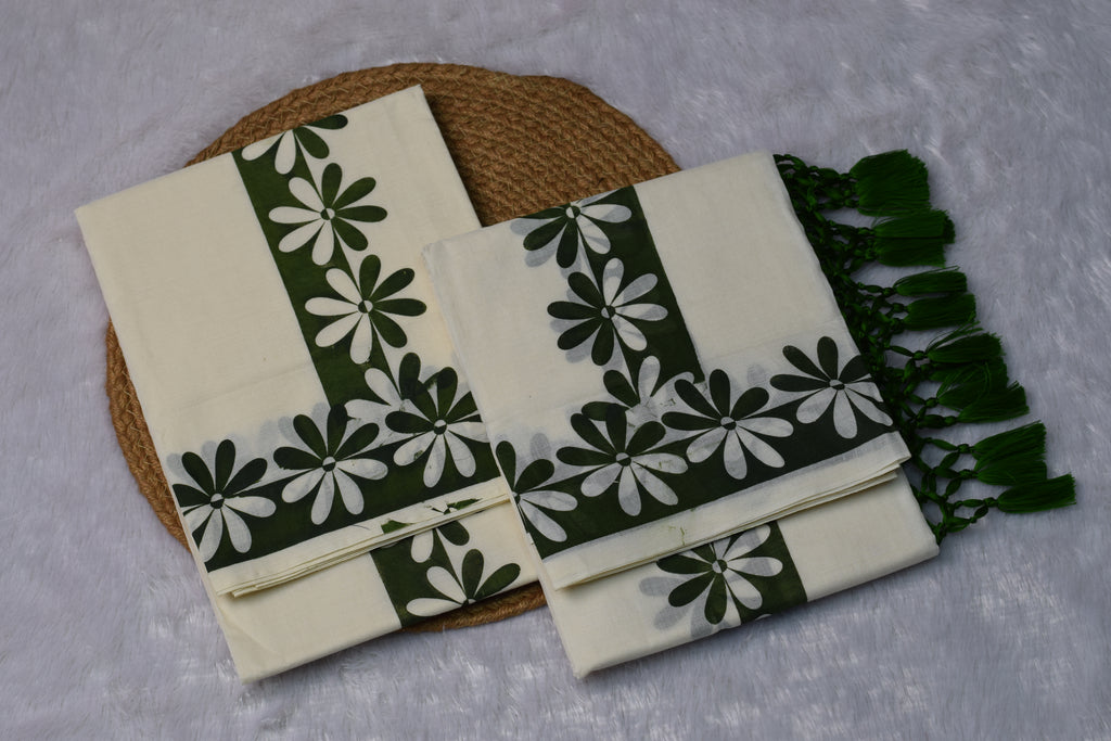 Cream Set Mundu with Green Floral Border & Tassel Detail - Main Product Image - Floral - Nushio