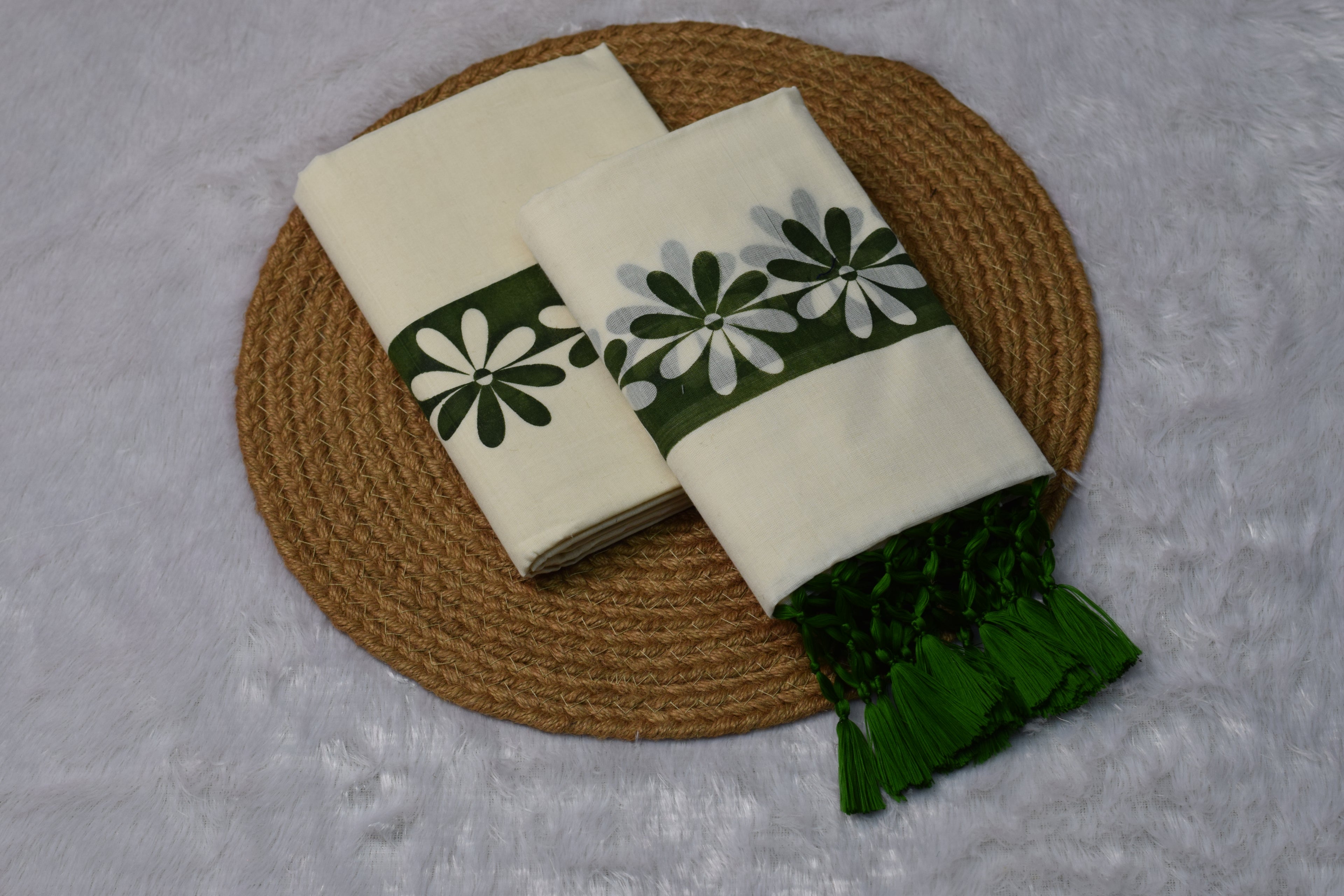Cream Set Mundu with Green Floral Border & Tassel Detail - View 2 - Floral - Nushio