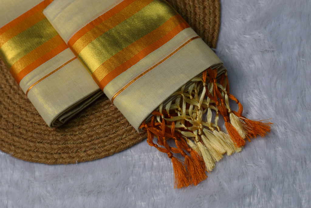 Kerala Traditional Kasavu Set Mundu with Orange & Gold Border - View 2 - Nushio