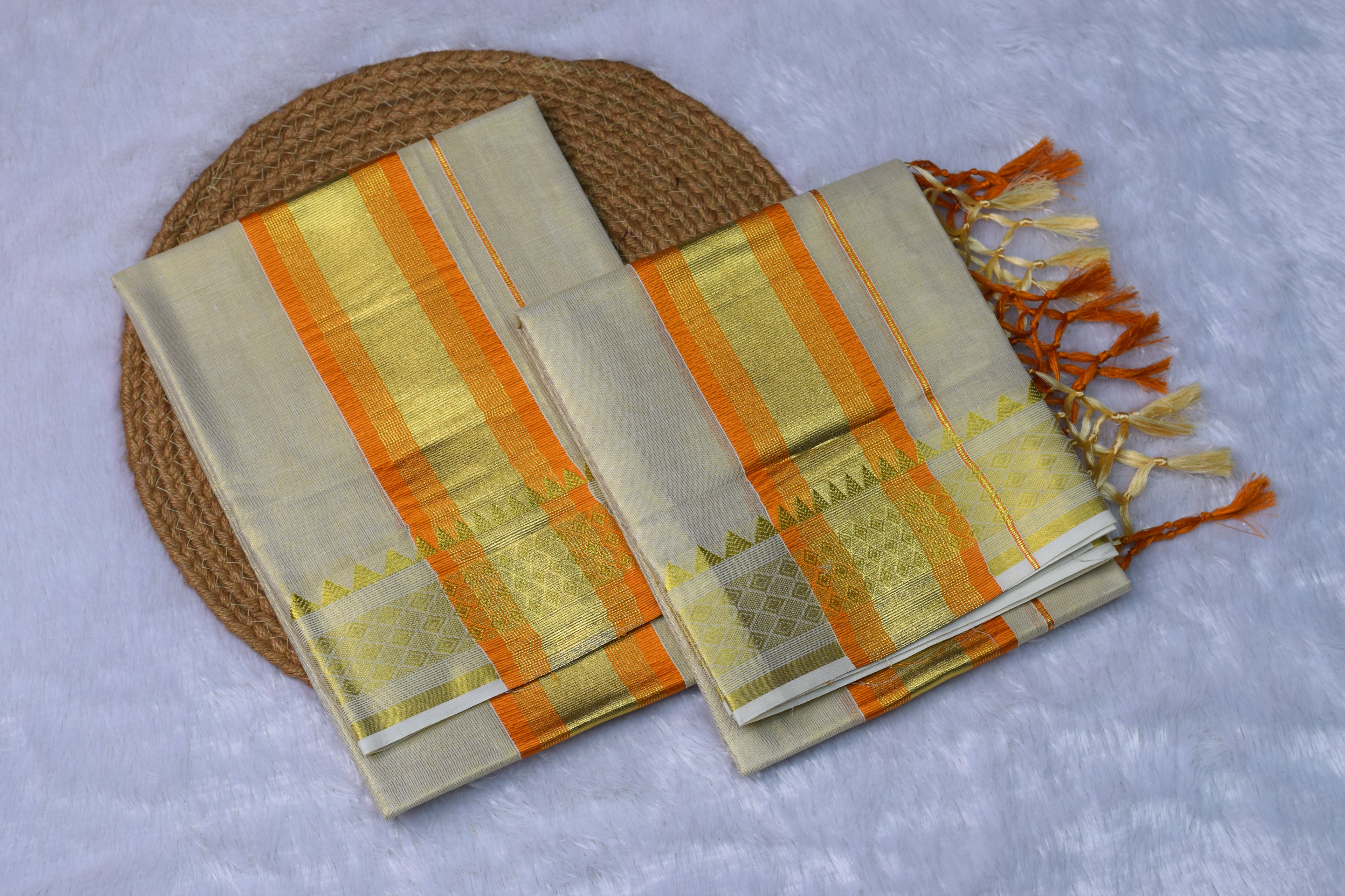 Kerala Traditional Kasavu Set Mundu with Orange & Gold Border - View 3 - Nushio