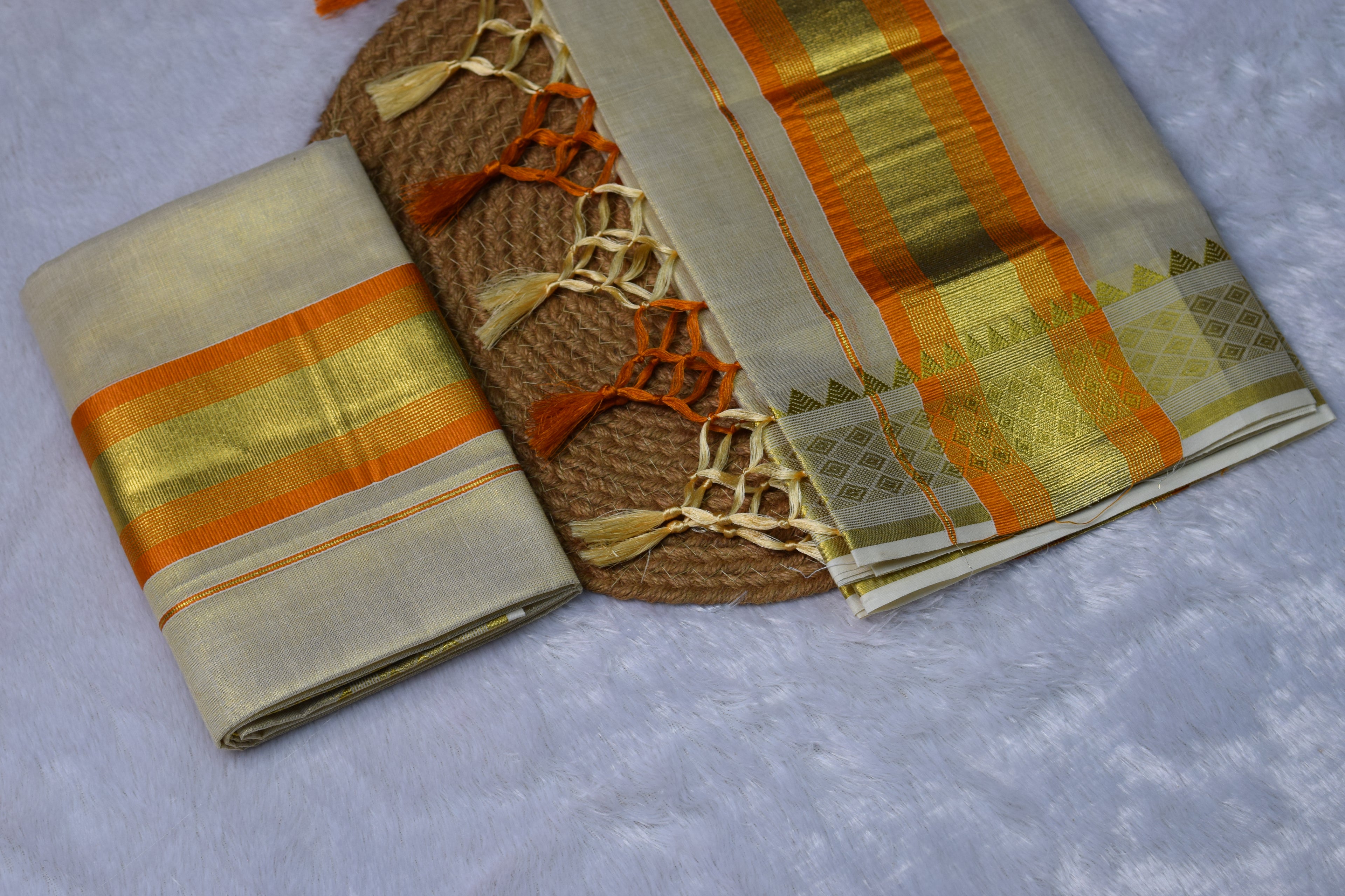 Kerala Traditional Kasavu Set Mundu with Orange & Gold Border