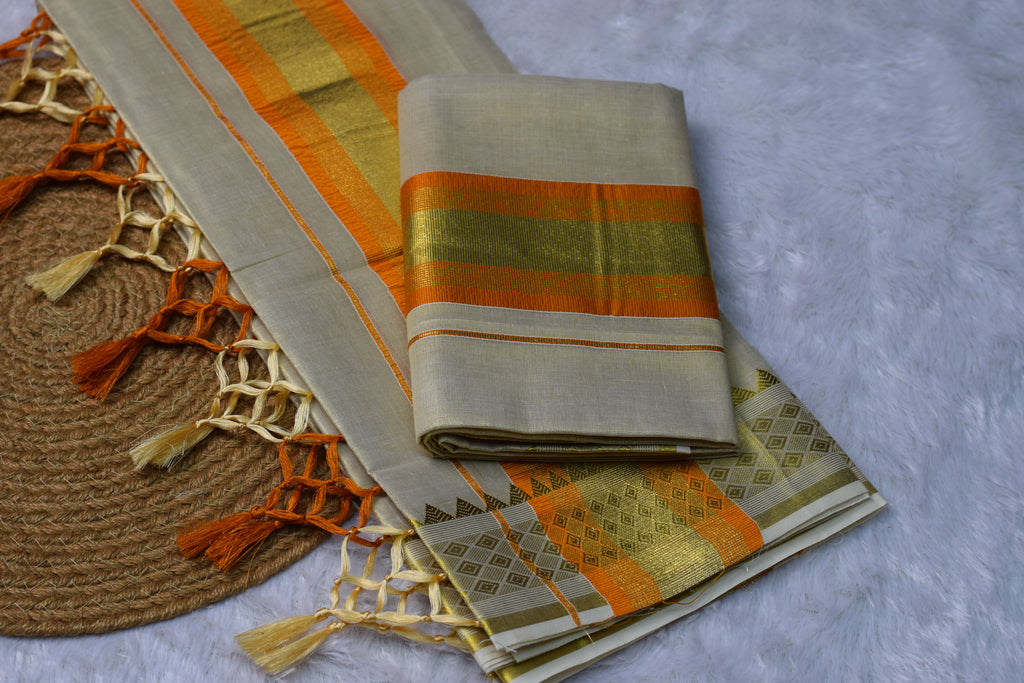 Kerala Traditional Kasavu Set Mundu with Orange & Gold Border