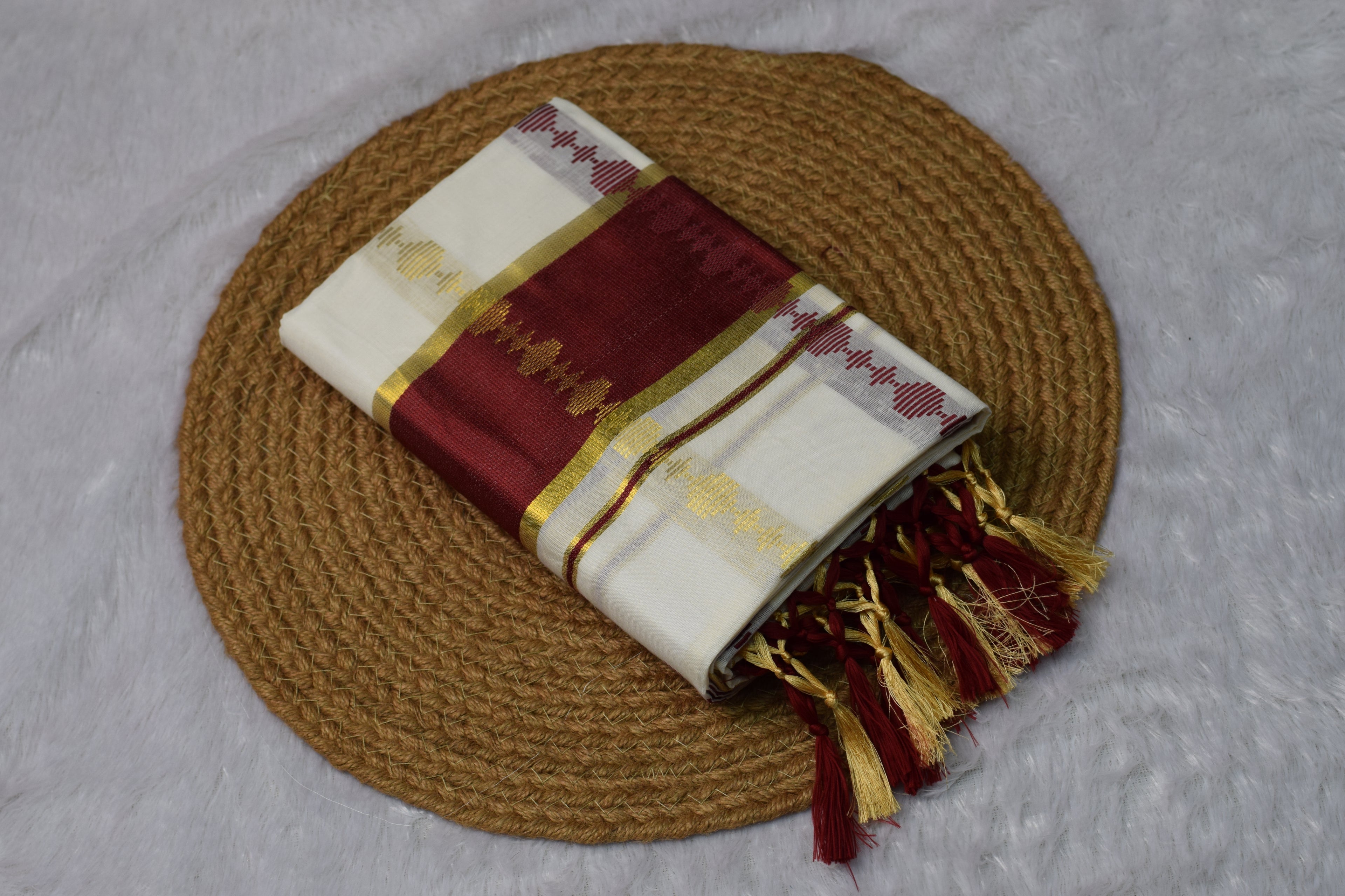 Kerala Kasavu Set Mundu with Rich Maroon & Gold Border - Main Product Image - Nushio
