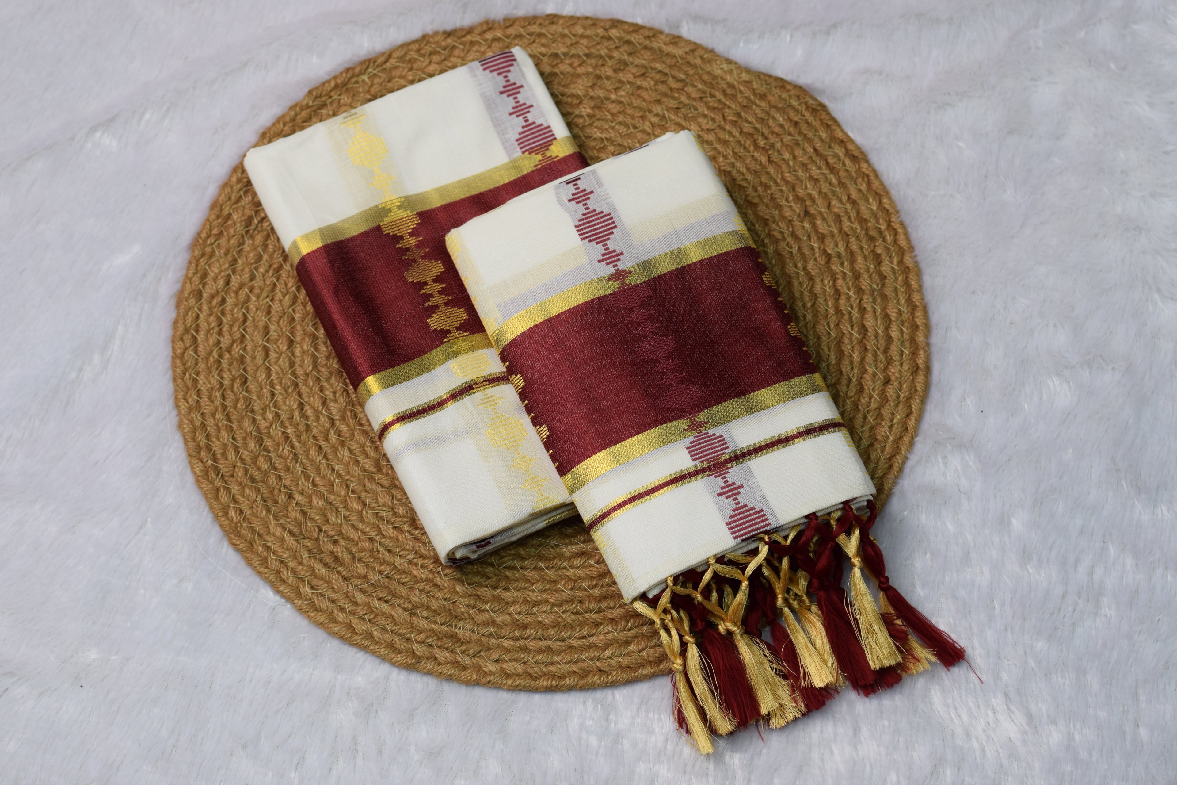 Kerala Kasavu Set Mundu with Rich Maroon & Gold Border - View 2 - Nushio