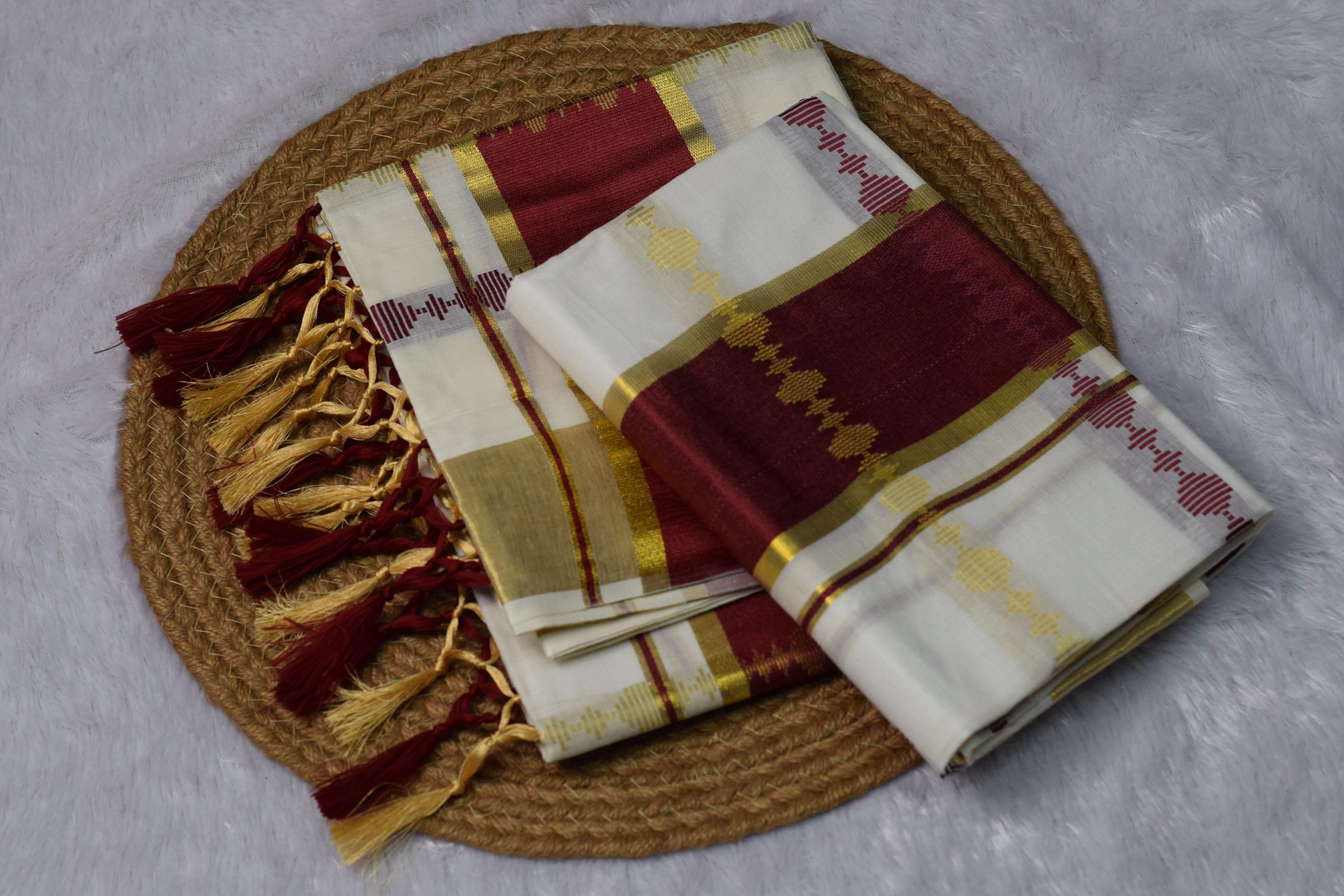 Kerala Kasavu Set Mundu with Rich Maroon & Gold Border - View 3 - Nushio