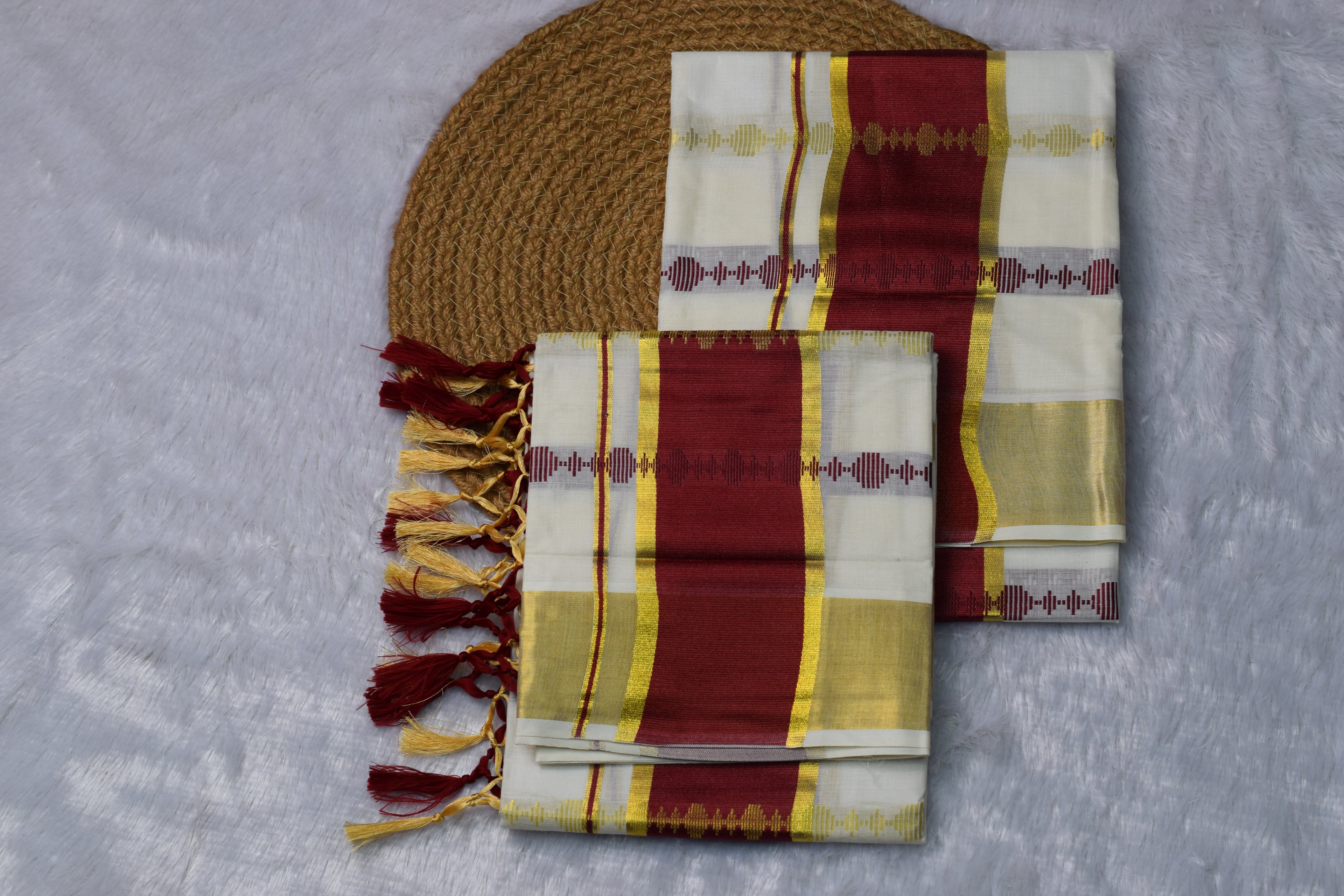 Kerala Kasavu Set Mundu with Rich Maroon & Gold Border