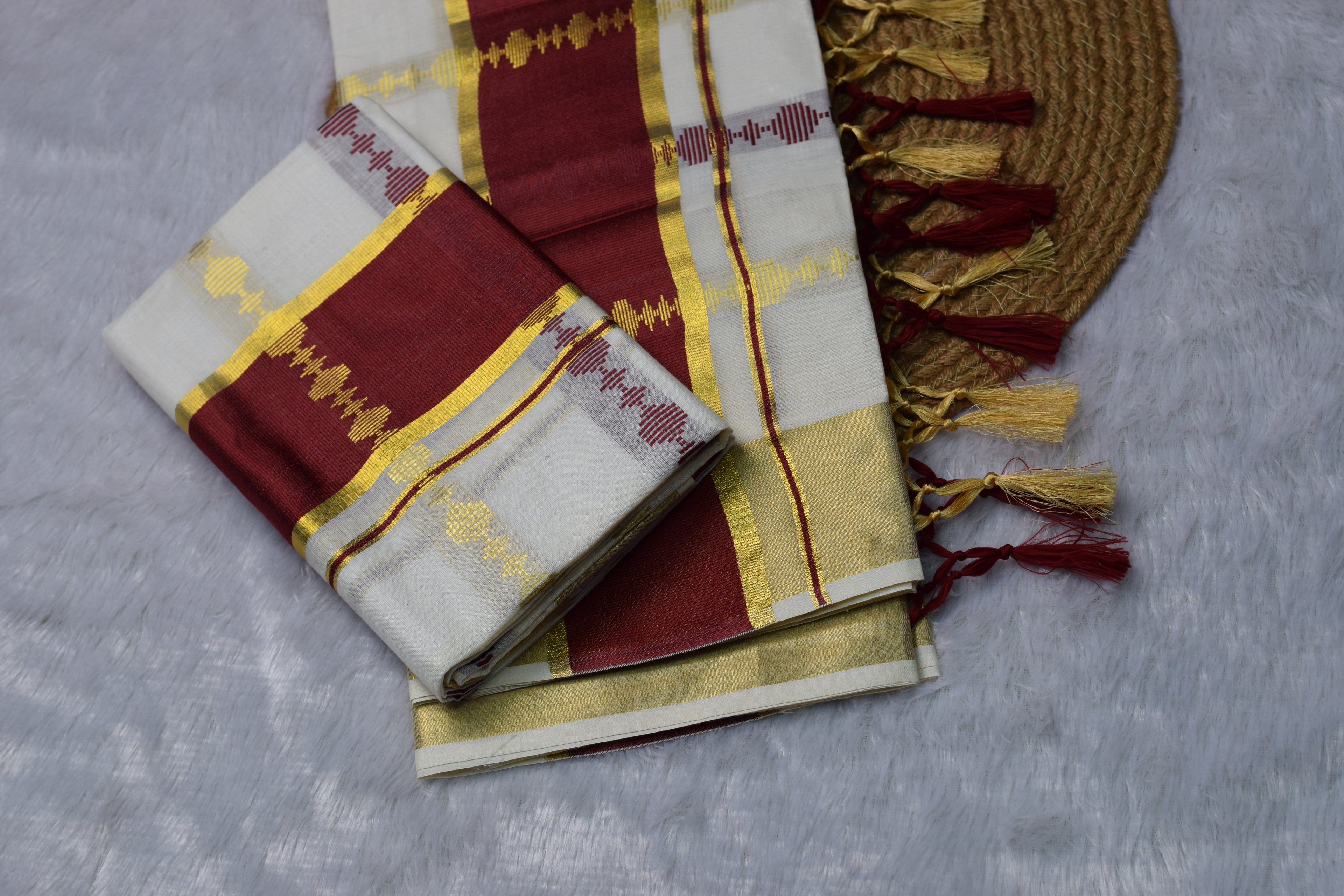 Kerala Kasavu Set Mundu with Rich Maroon & Gold Border
